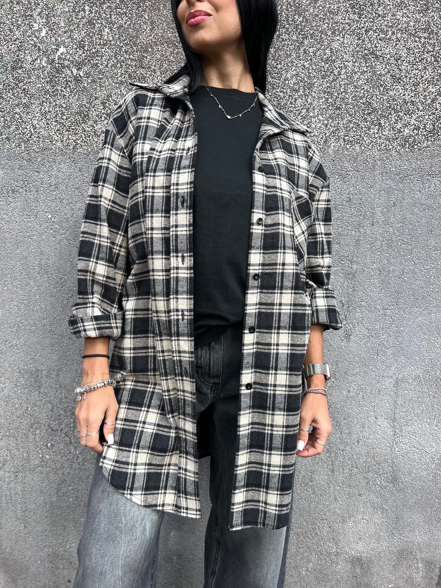 SUSY MIX MAXI CAMICIA CHECK FLANELLA MAVI NERO