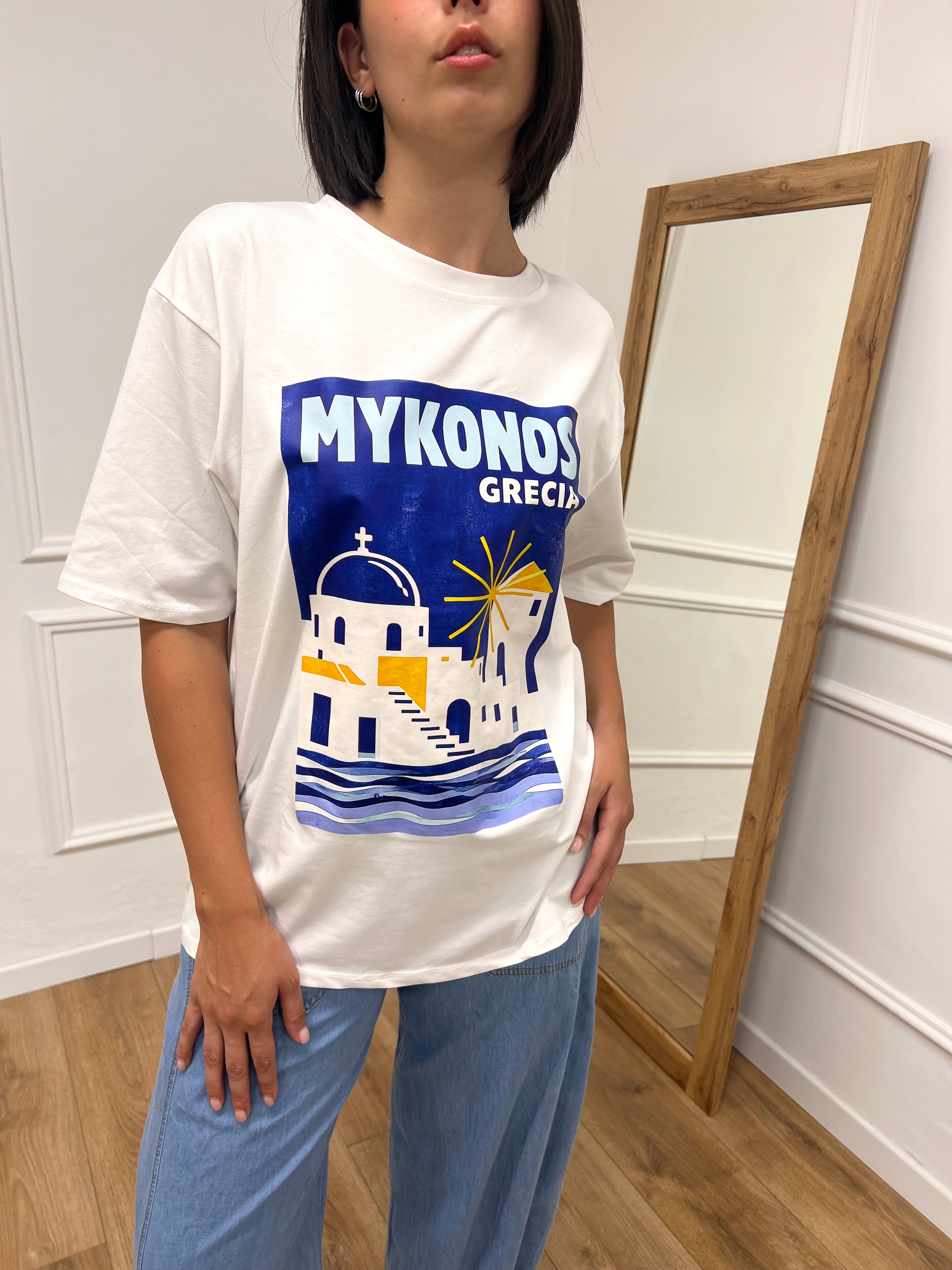 T-SHIRT LUNGA OVER STAMPA MYKONOS BIANCO SUSY MIX