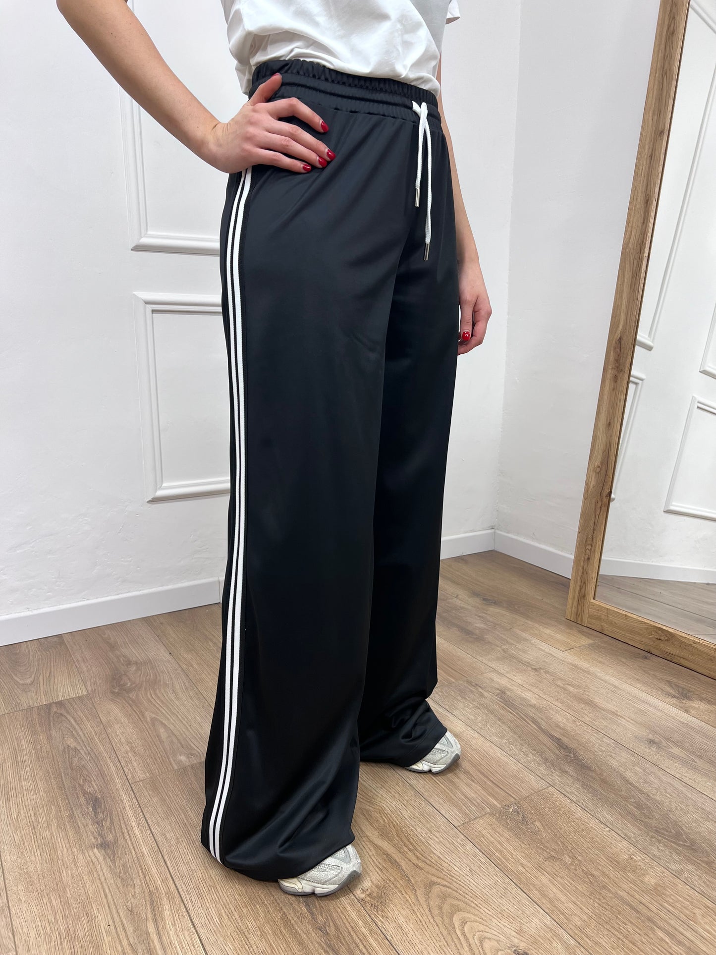 SUSY MIX PANTALONE PALAZZO ACETATO BANDE JOSY NERO
