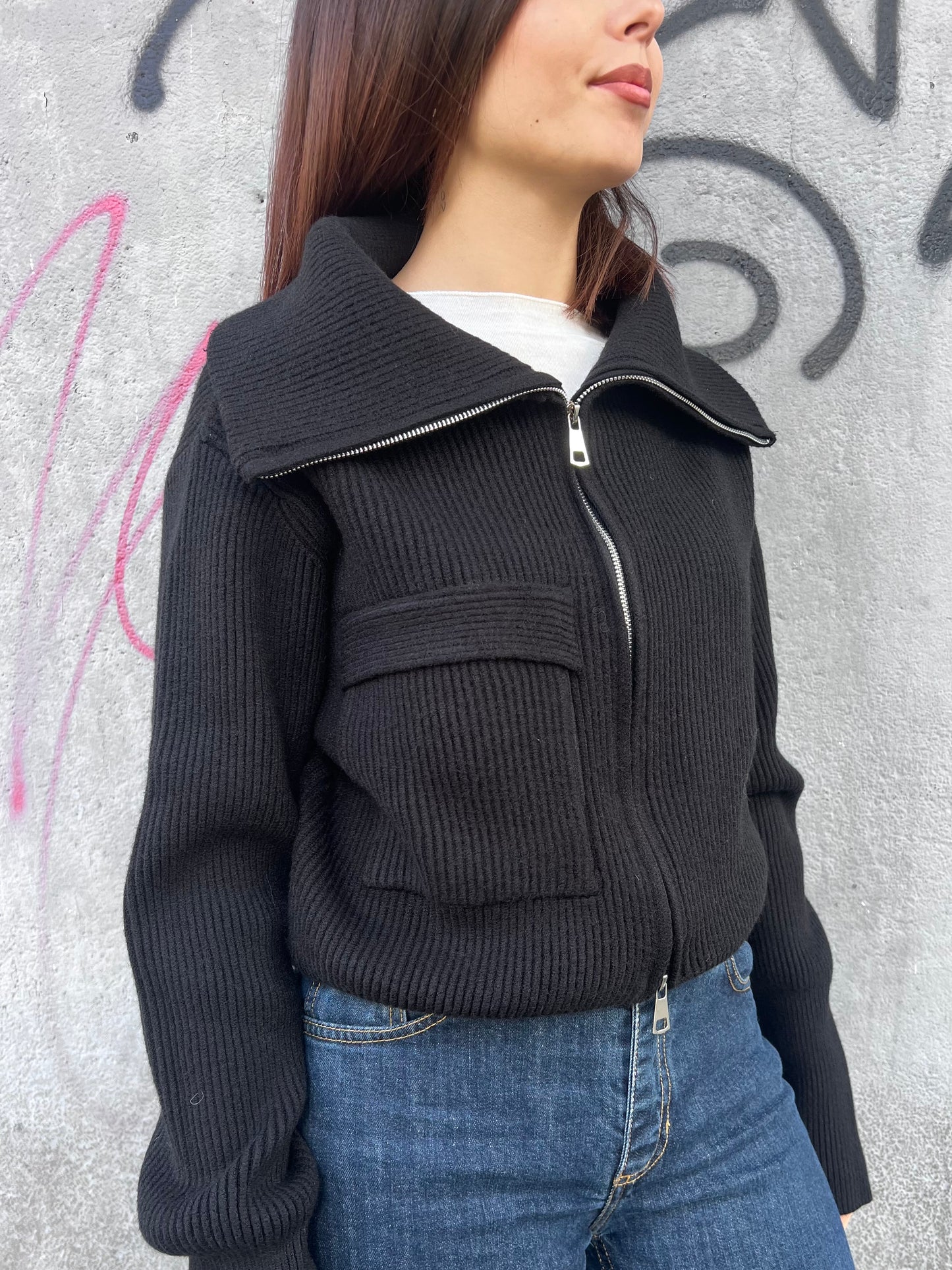 SUSY MIX CARDIGAN CERNIERA COLLO CRATERE IVANA NERO