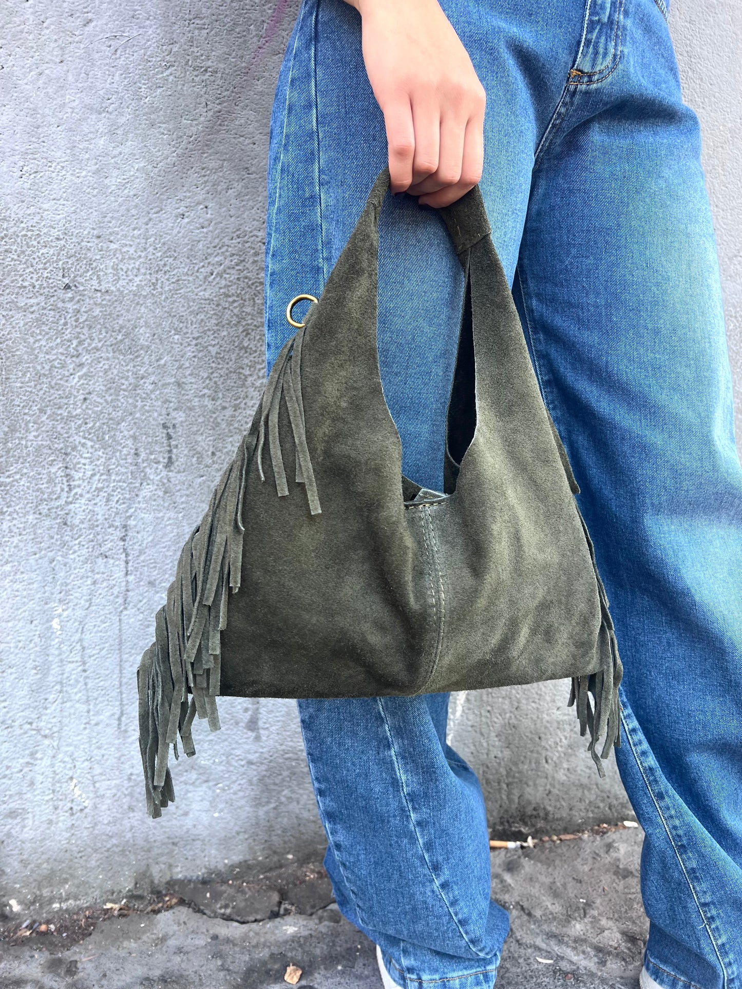 BORSA MINI SAC PELLE SUEDE CON FRANGE DEVA MILITARE