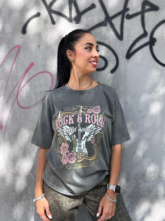 T-SHIRT M/M EFFETTO SLAVATO “ROCK ROLL” GRIGIO