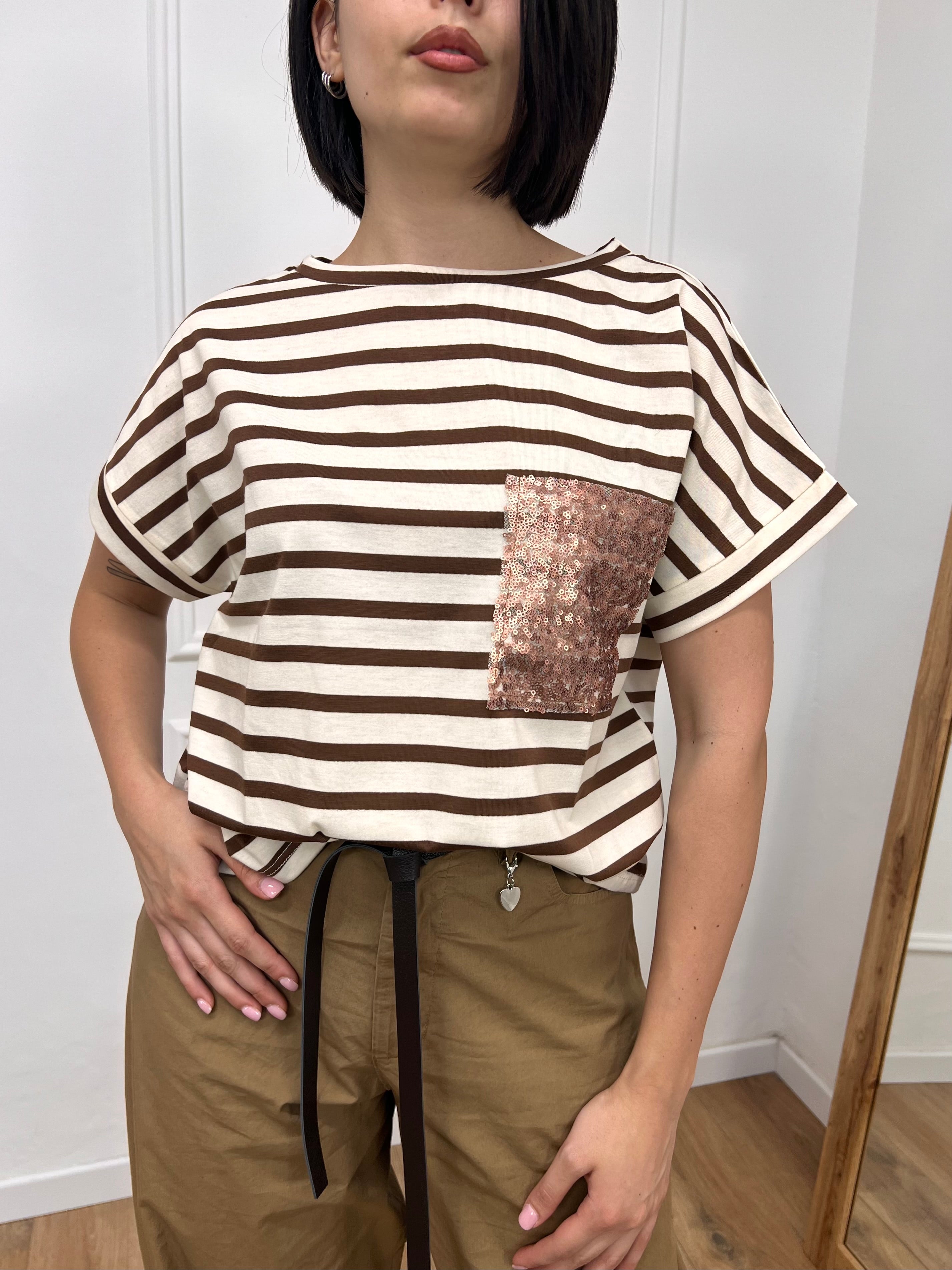 T-SHIRT M/C RIGHE TASCA MICRO PAILLETTES MORO SUSY MIX