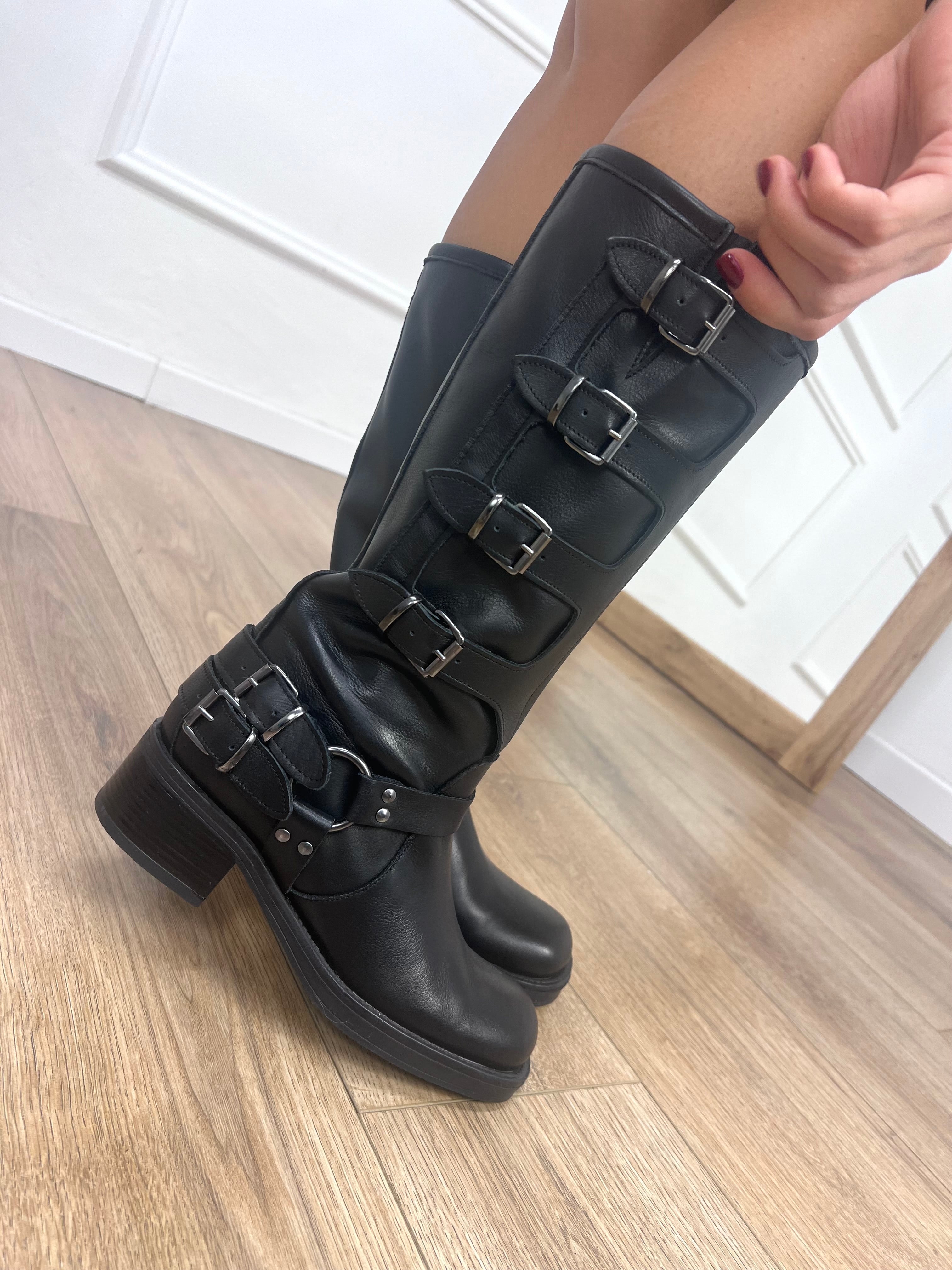 STIVALE BIKER MULTIFIBIE PUNTA SQUADRATA PELLE NERO VIA MONDANA