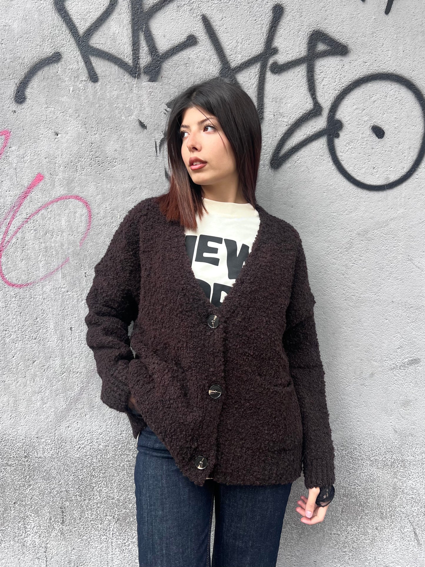 SUSY MIX CARDIGAN BOTTONI BOUCLE’ VIVIENNE CIOCCOLATO