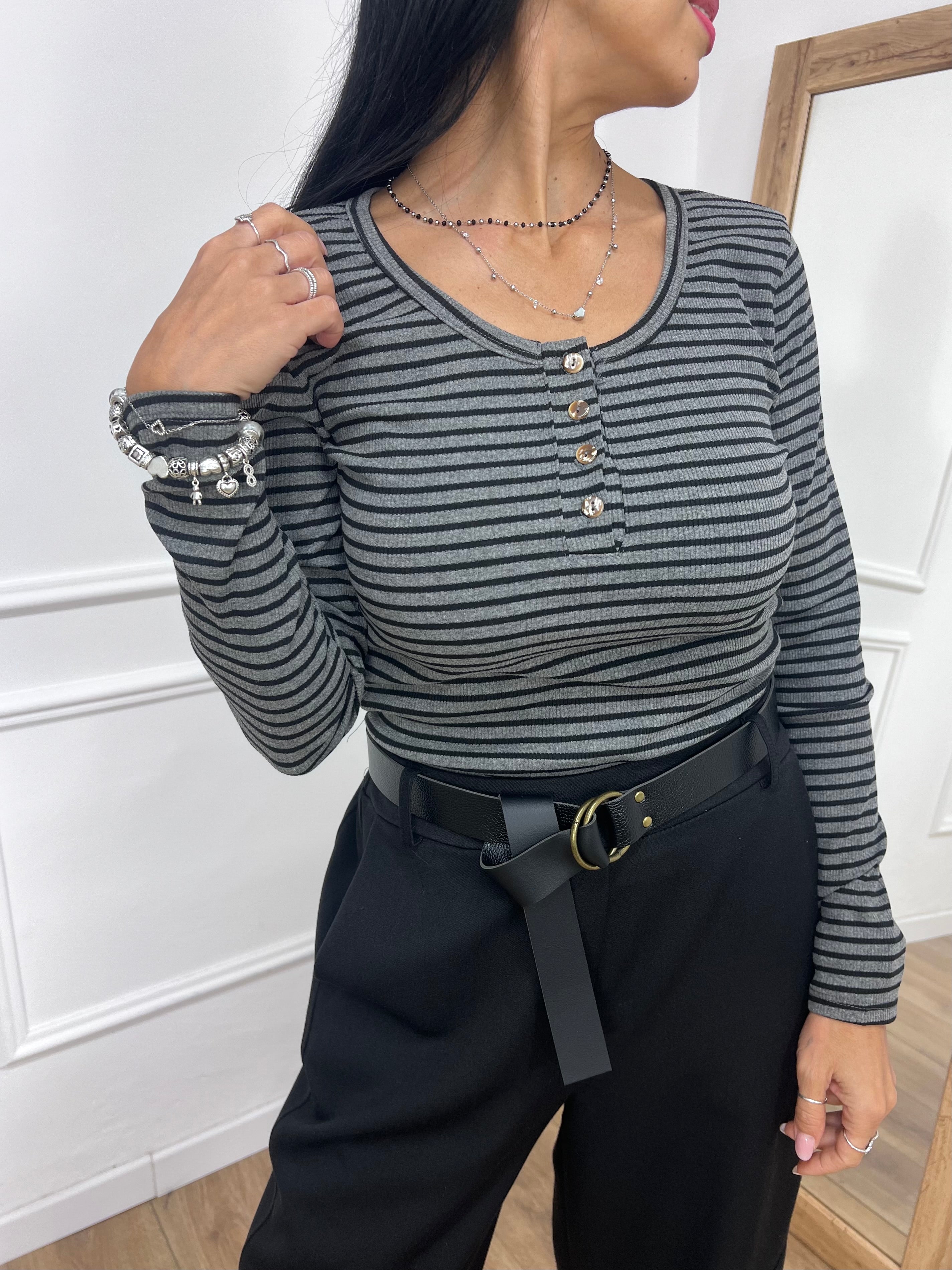MAGLIA SERAFINO GIROCOLLO AMPIO RIGATA GRIGIO SUSY MIX