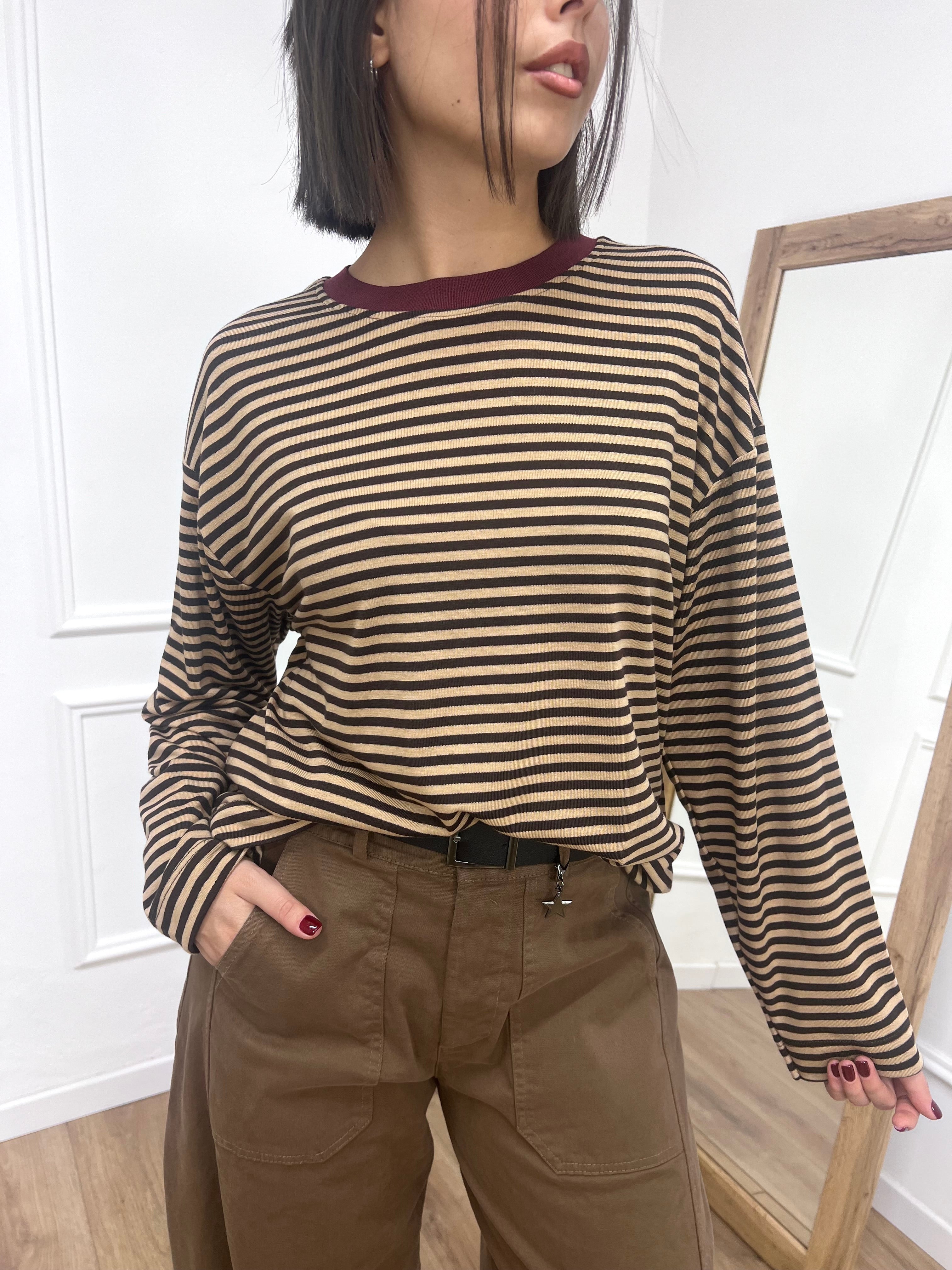 MAGLIA SCATOLA RIGHE COLLO CONTRASTO MORO SUSY MIX