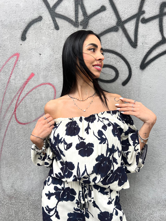 BLUSA BARCA MANICA GALA FANTASIA ABSTRACT BLU