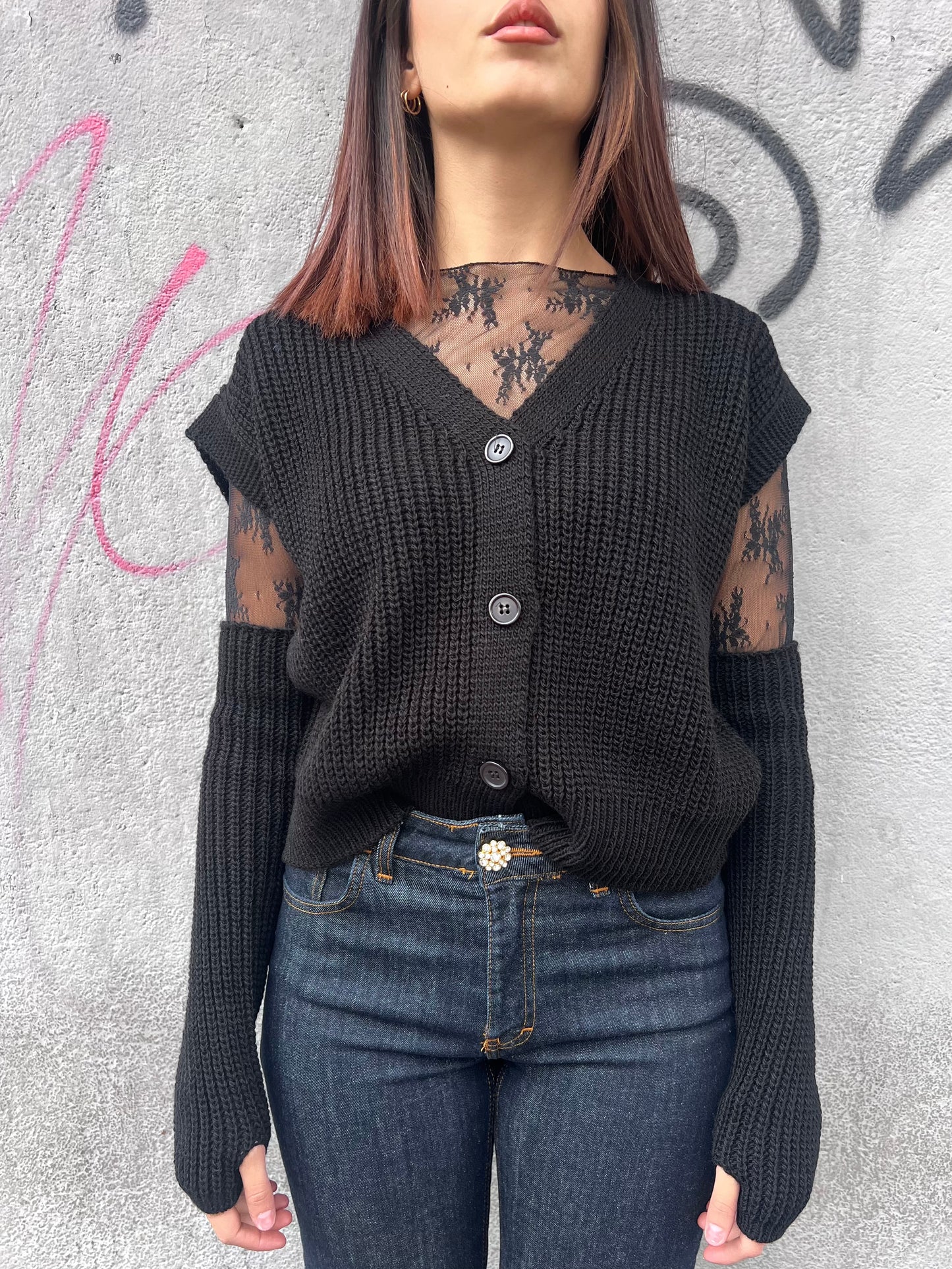 SUSY MIX GILET BOTTONI CON MANICOTTI BRIDGET NERO