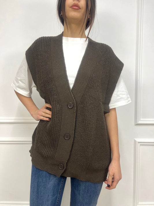 SUSY MIX GILET FILO SCOLLO V BOTTONI YARY MORO