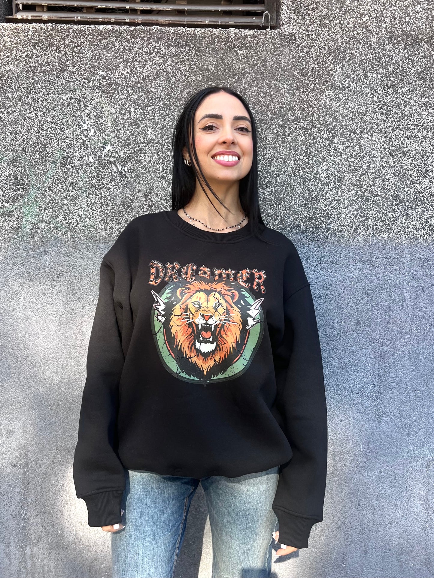 SUSY MIX FELPA GIROCOLLO STAMPA “LION” NERO