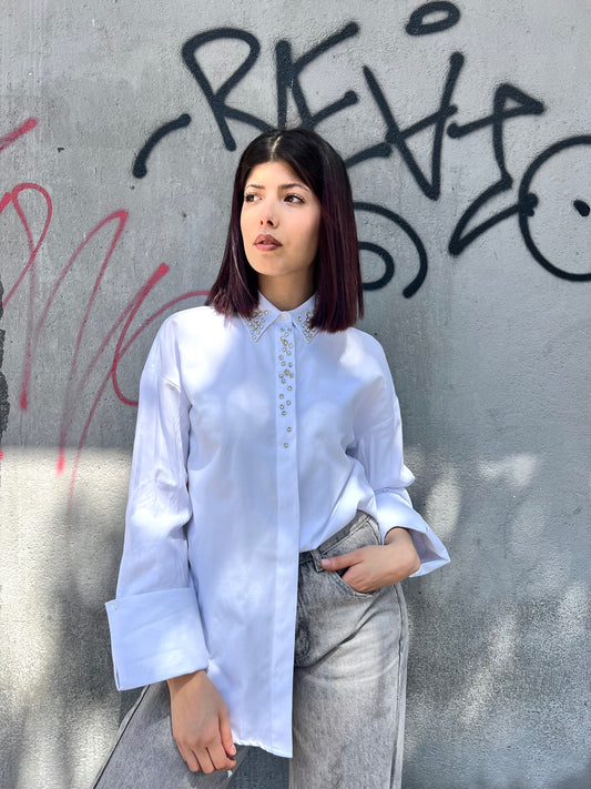 SUSY MIX CAMICIA OVETTO STRASS COLLO ENIS BIANCO