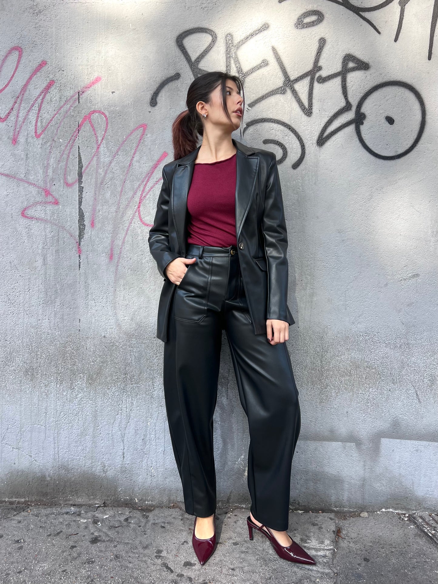 SUSY MIX PANTALONE VITA ALTA ECOPELLE BALLON SELENIA NERO