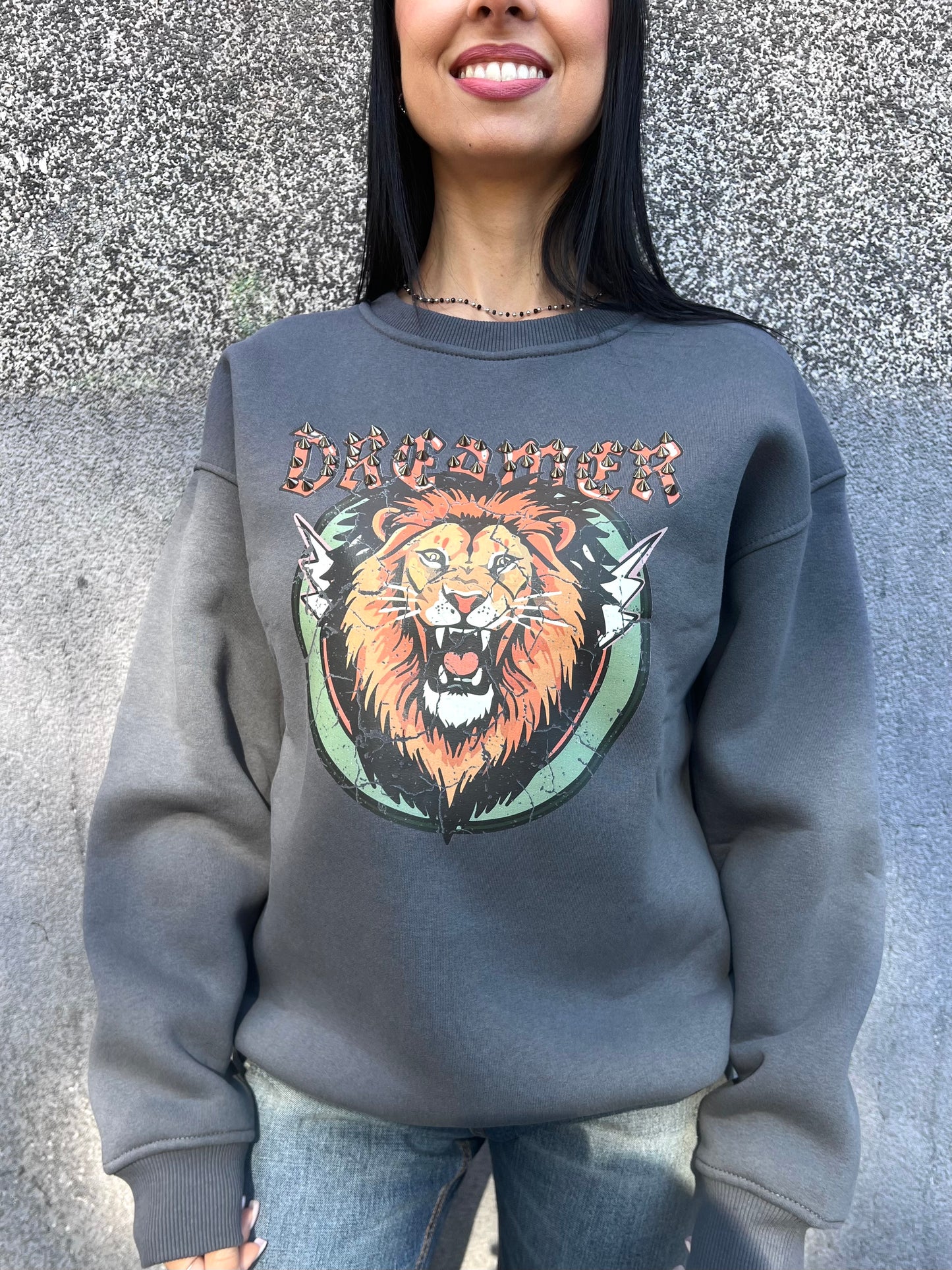 SUSY MIX FELPA GIROCOLLO STAMPA “LION” PIOMBO