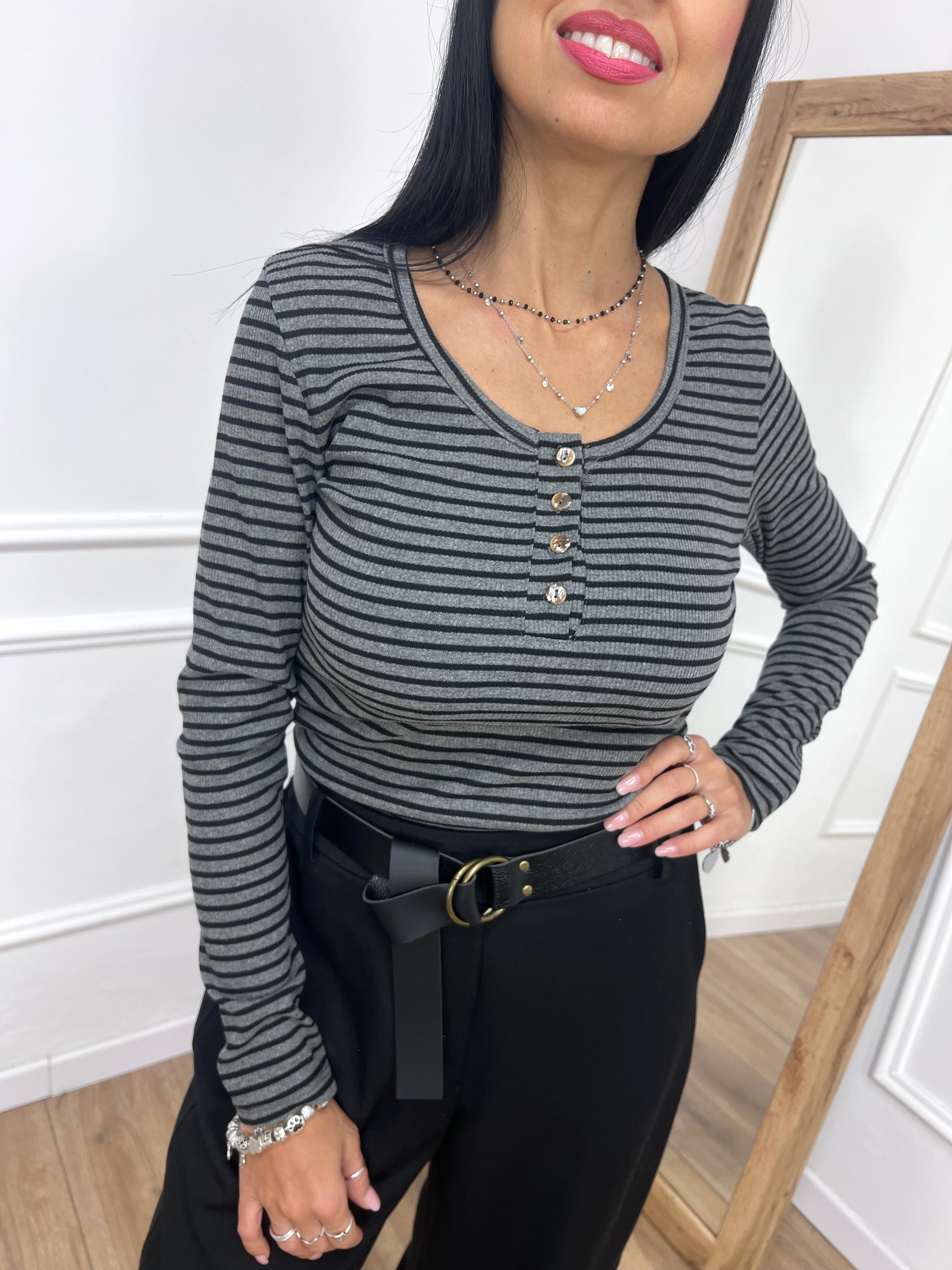 MAGLIA SERAFINO GIROCOLLO AMPIO RIGATA GRIGIO SUSY MIX