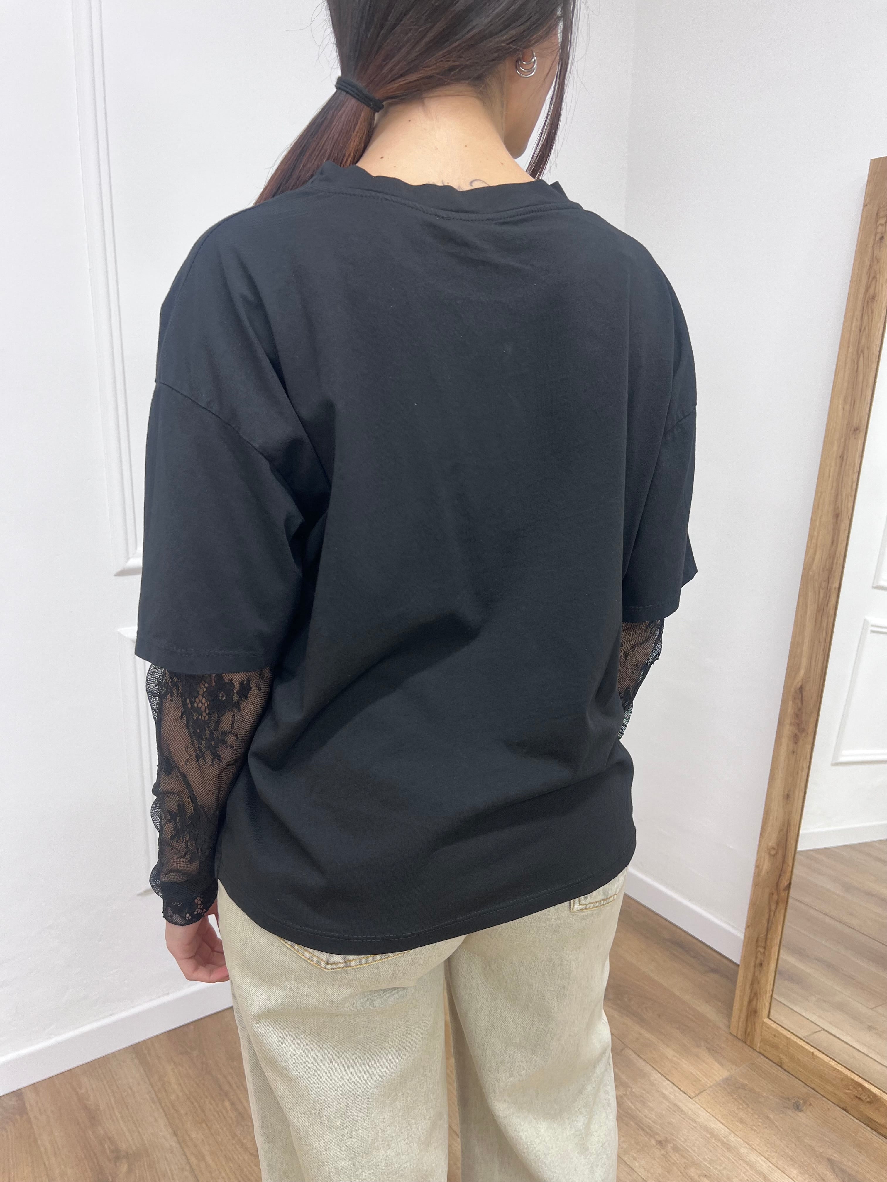 T-SHIRT MANICA PIZZO IOLANDA NERO SUSY MIX