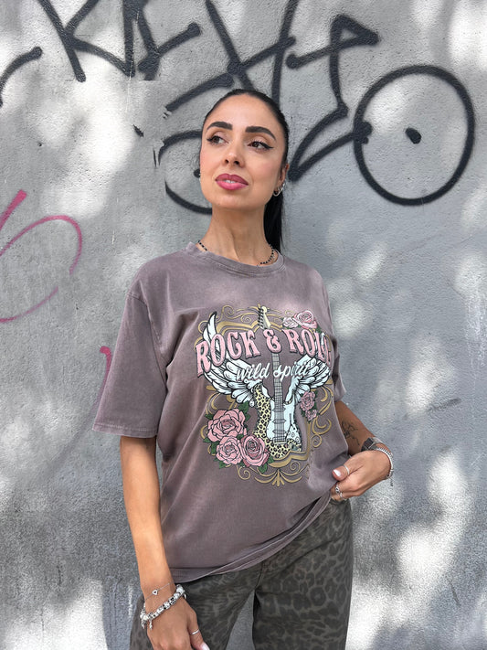 T-SHIRT M/M EFFETTO SLAVATO “ROCK ROLL” MORO