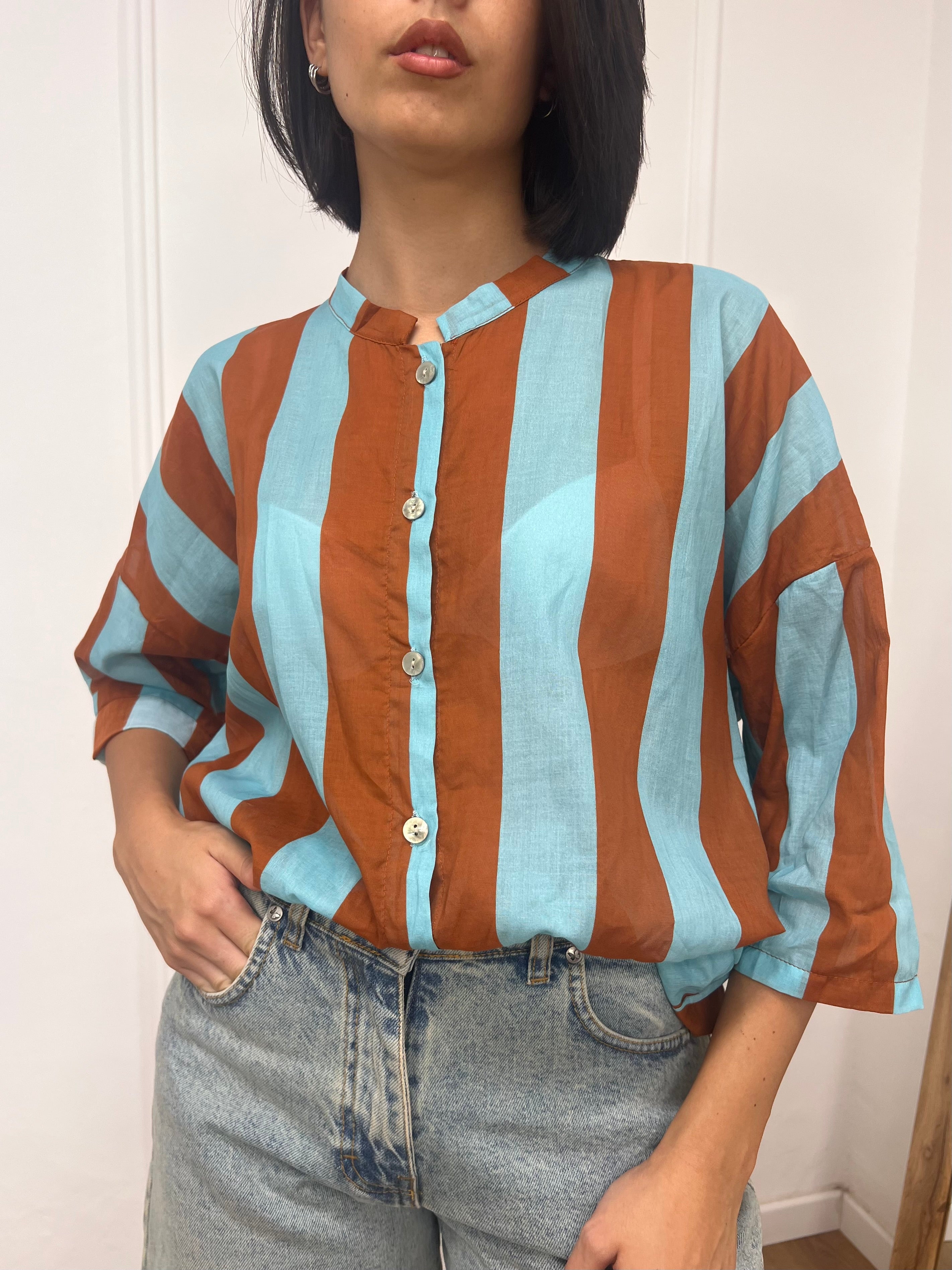 CAMICIA MUSSOLA COREANA RIGHE TABACCO/TURCHESE