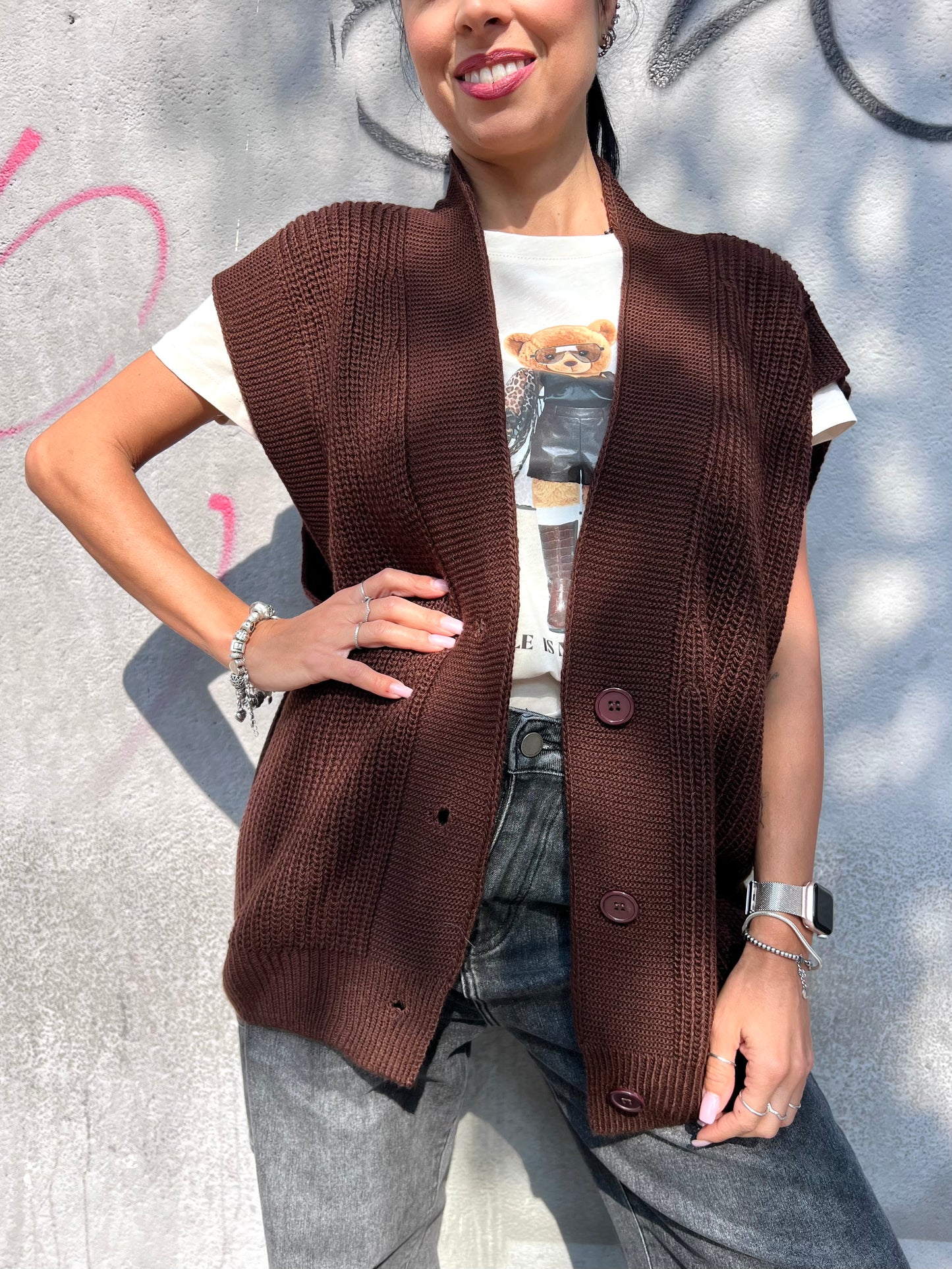 SUSY MIX GILET SCOLLO V BOTTONI YARY CIOCCOLATO