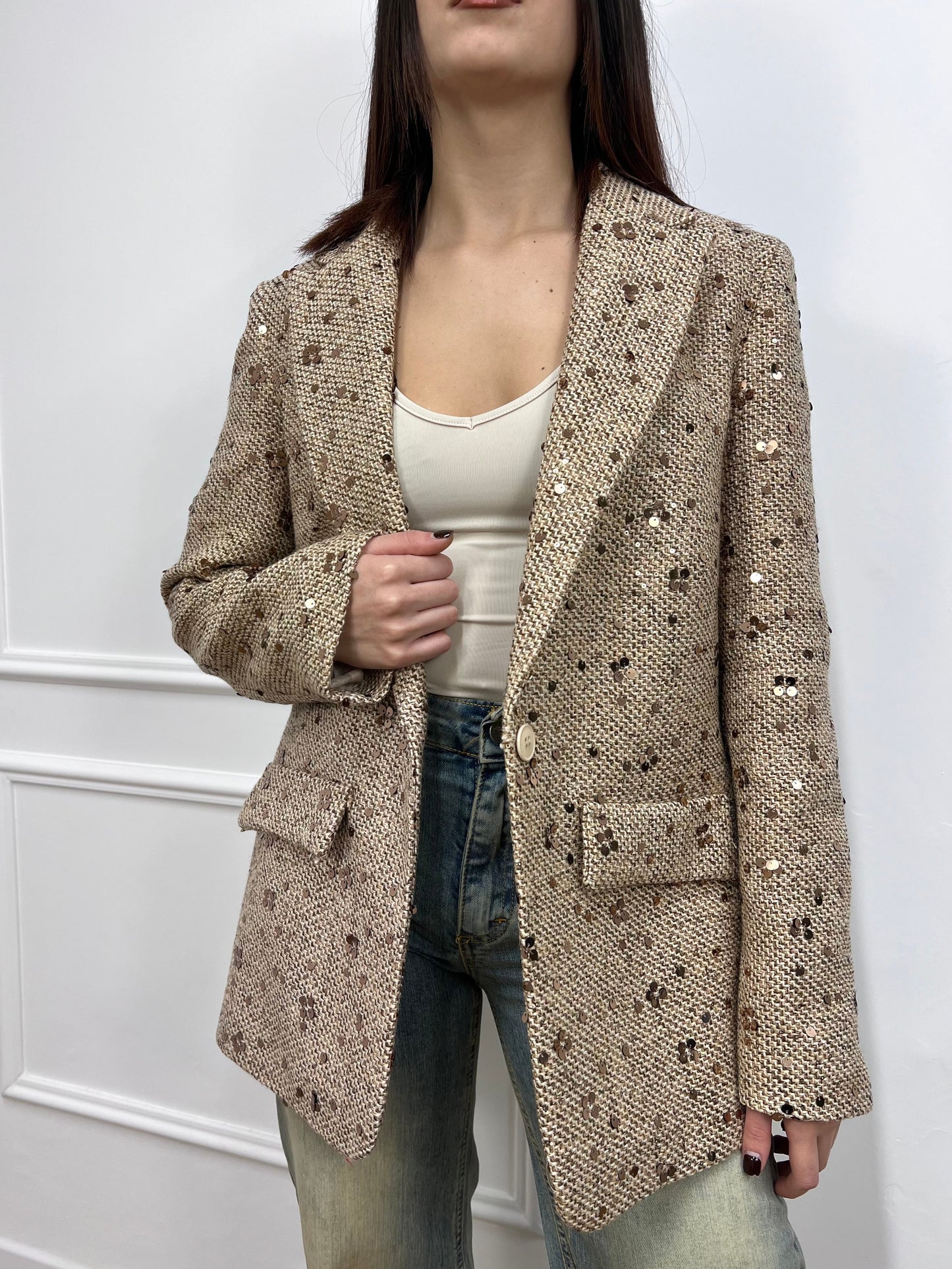 SUSY MIX GIACCA MONOPETTO PAILLETTES BEIGE