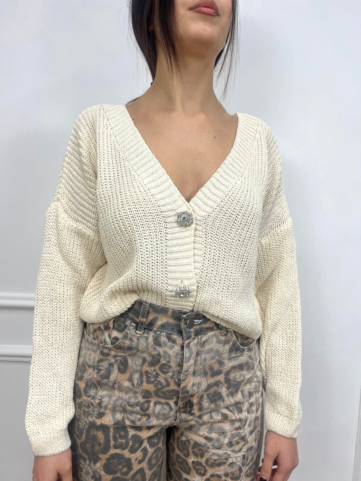 SUSY MIX CARDIGAN CROP FILO BOTTONI GIOIELLO MORENA CREMA