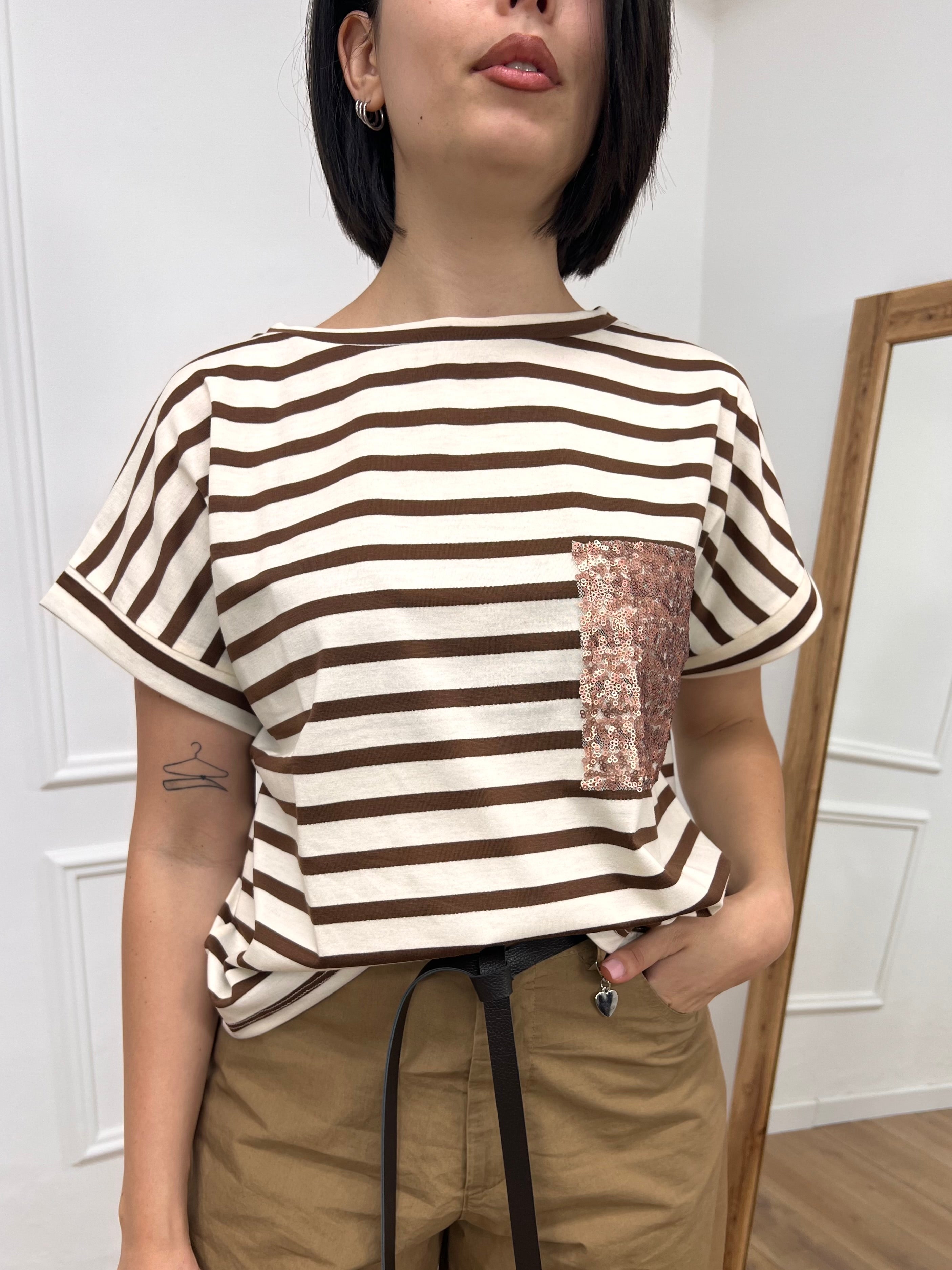 T-SHIRT M/C RIGHE TASCA MICRO PAILLETTES MORO SUSY MIX