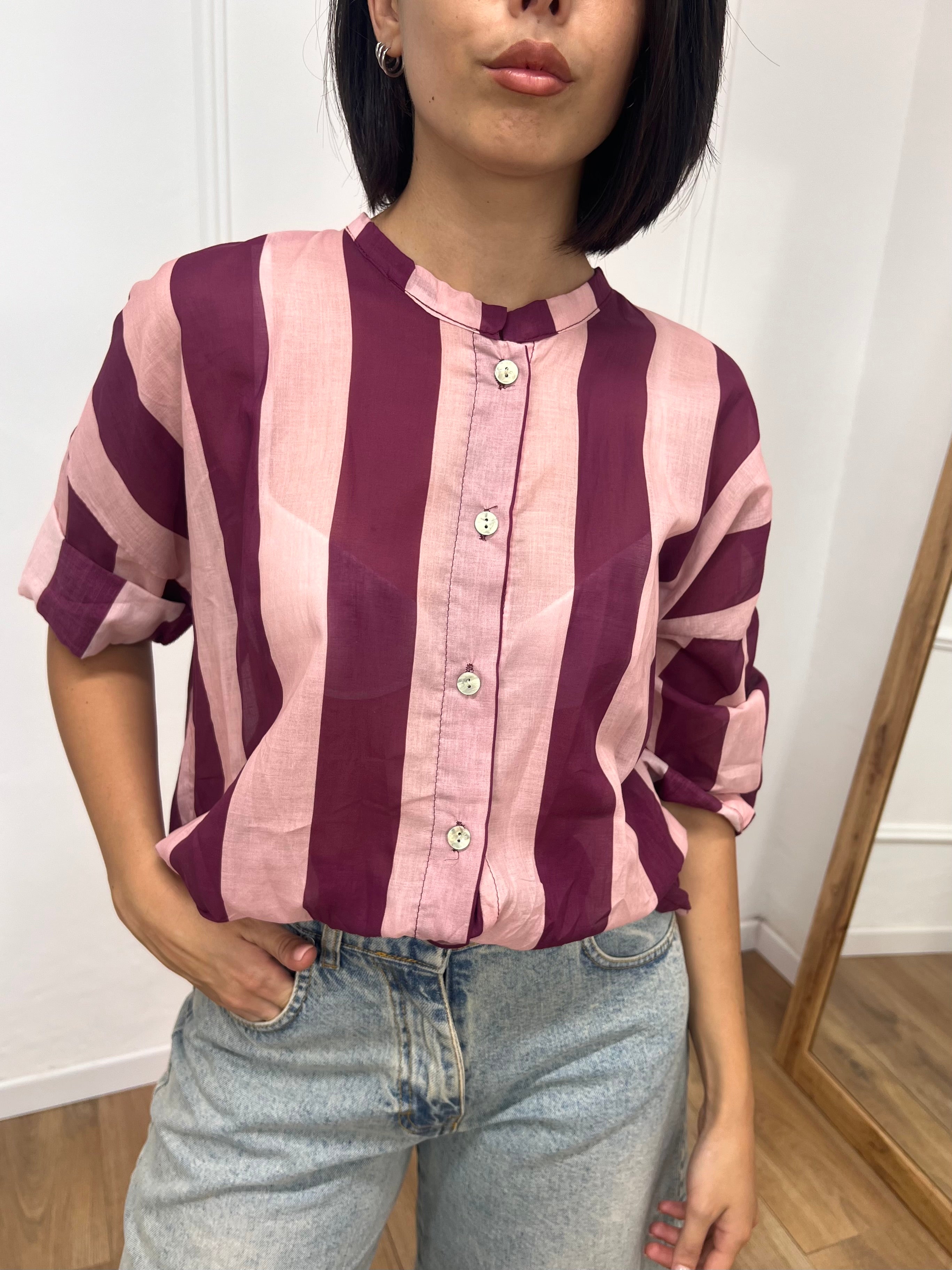 CAMICIA MUSSOLA COREANA RIGHE ROSA FICO