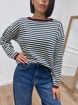 MAGLIA RIGATA SCATOLETTA COLLO CONTRASTO BLU/VINO SUSY MIX