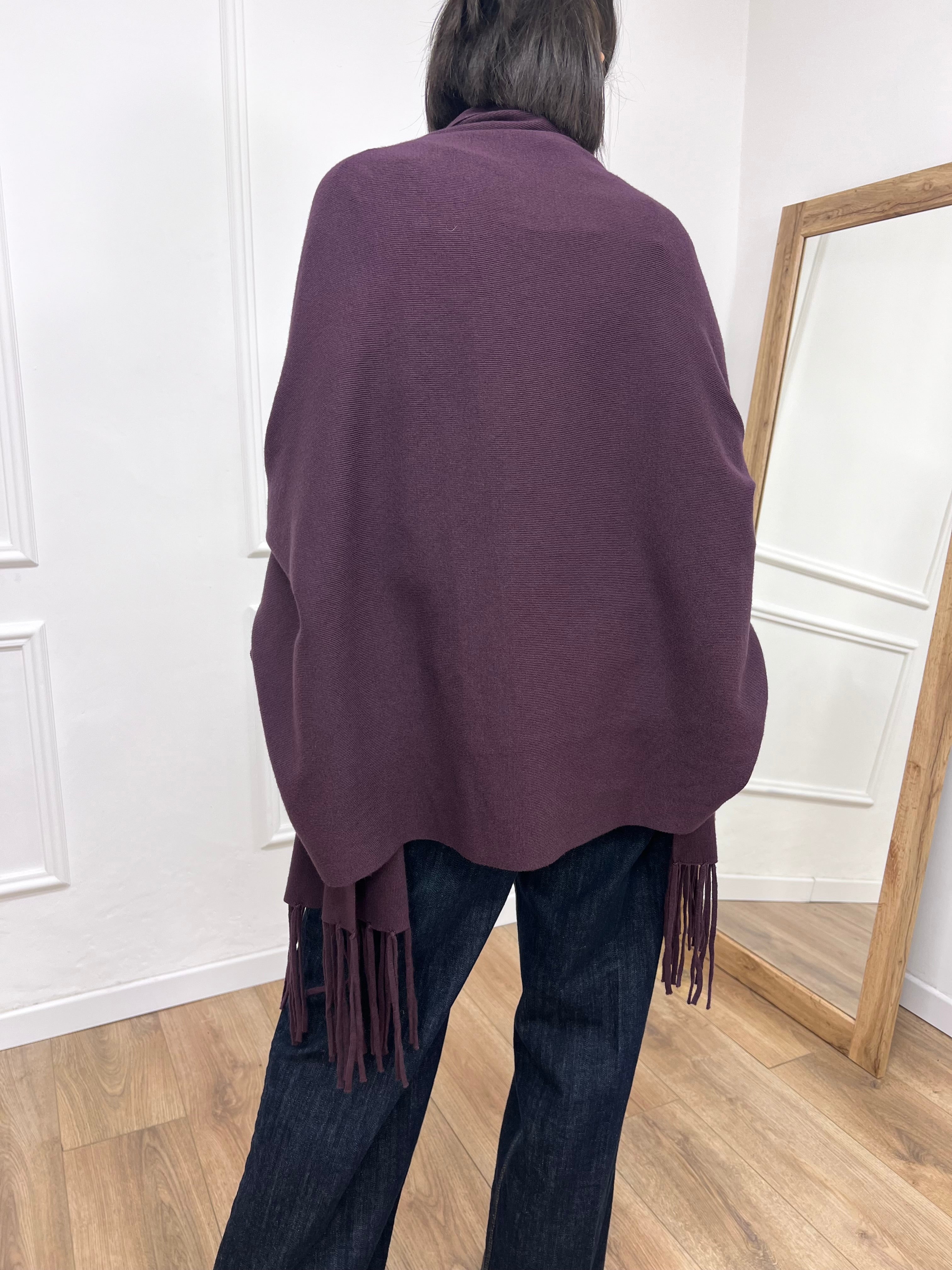 MANTELLA IN MAGLIA SPERTA CON FRANGE VINO SUSY MIX