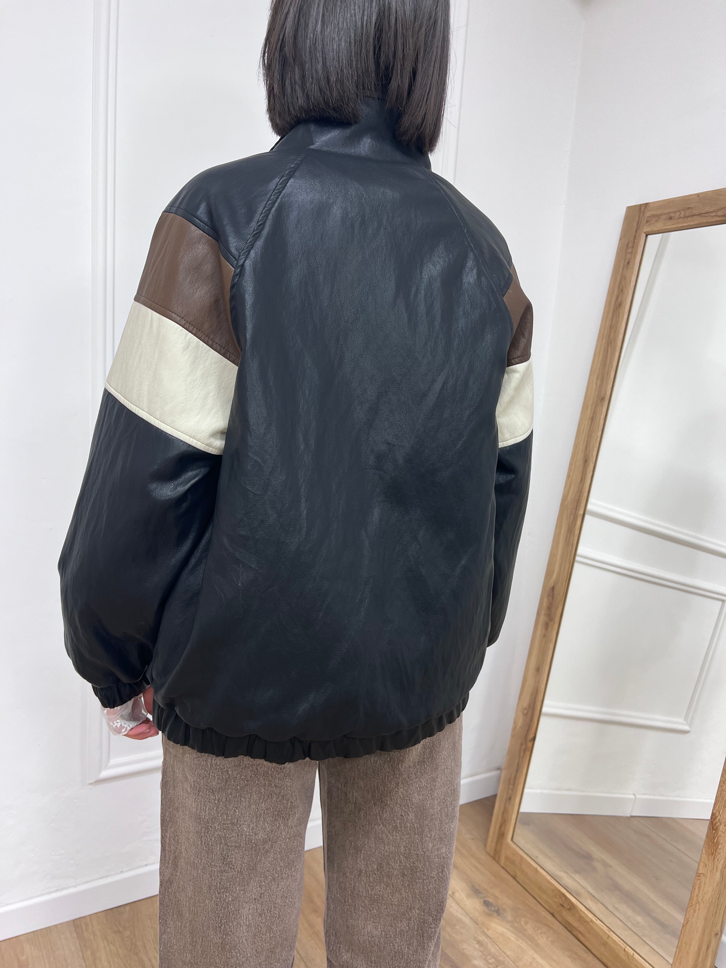 BOMBER LUNGO INSERTI TRE COLORI ADELE NERO SISY MIX