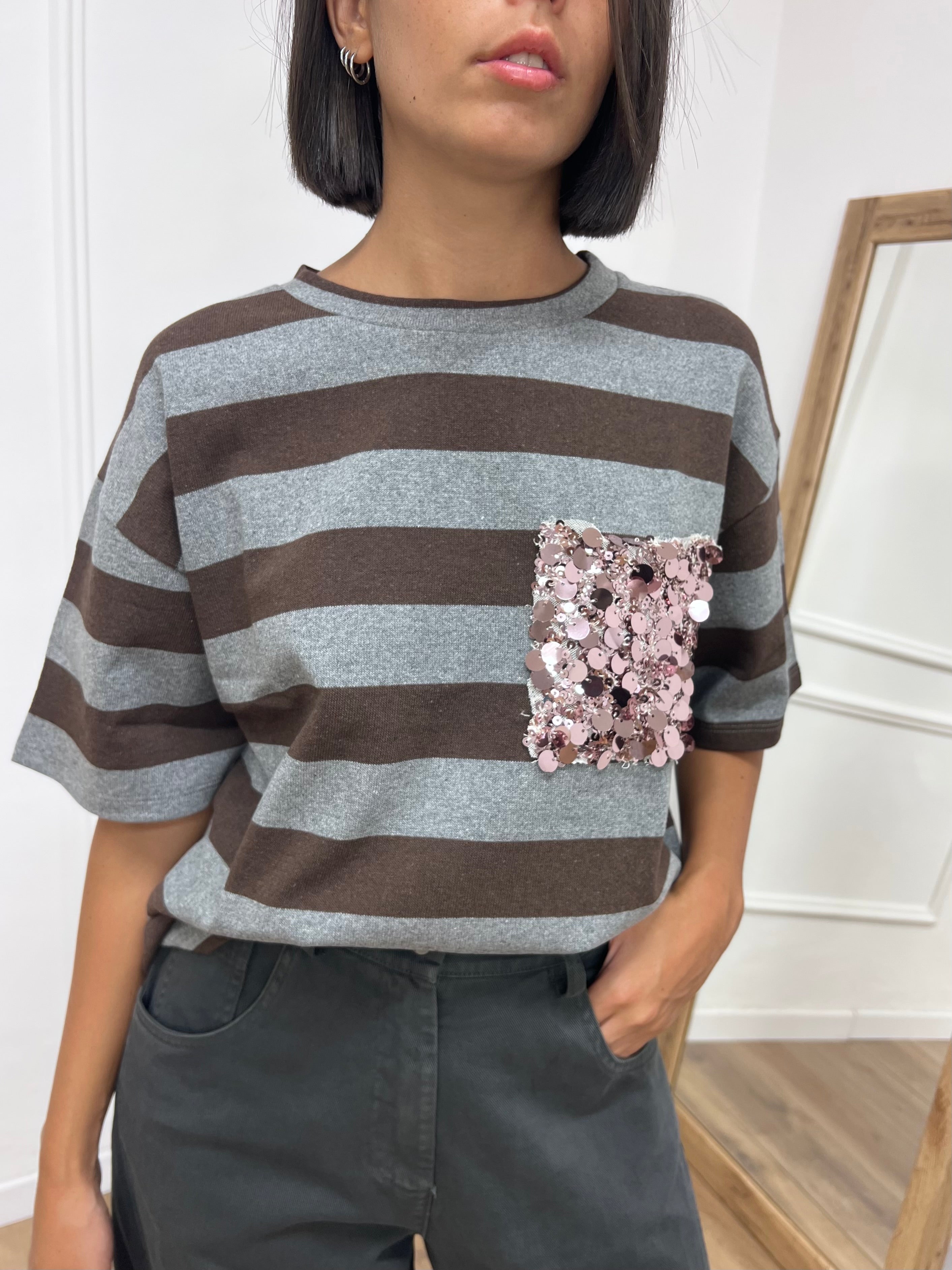 MAGLIA GIRO RIGHE TASCA PAILLETTES GRIGIO ELE SUSY MIX