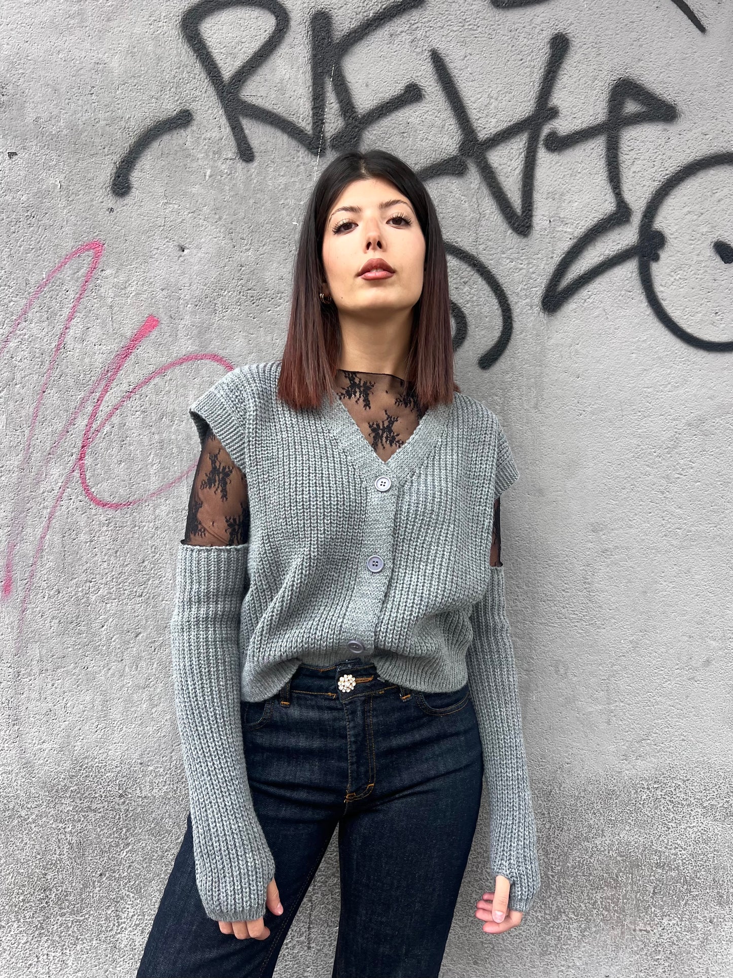 SUSY MIX GILET BOTTONI CON MANICOTTI BRIDGET GRIGIO