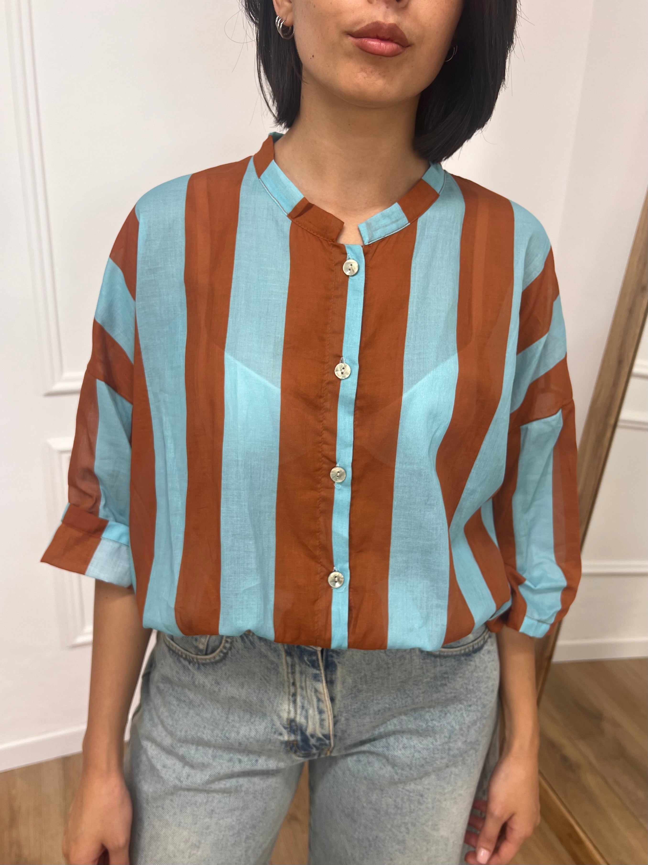 CAMICIA MUSSOLA COREANA RIGHE TABACCO/TURCHESE