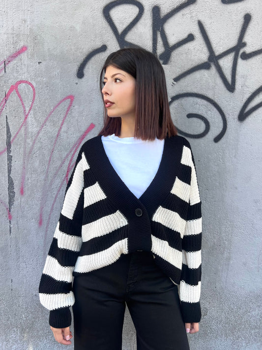SUSY MIX CARDIGAN OVER RIGHE MARGHE NERO