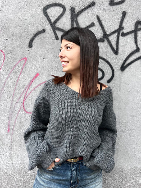 SUSY MIX MAGLIA V MANICA PALLONCINO RICAMATA GRIGIO