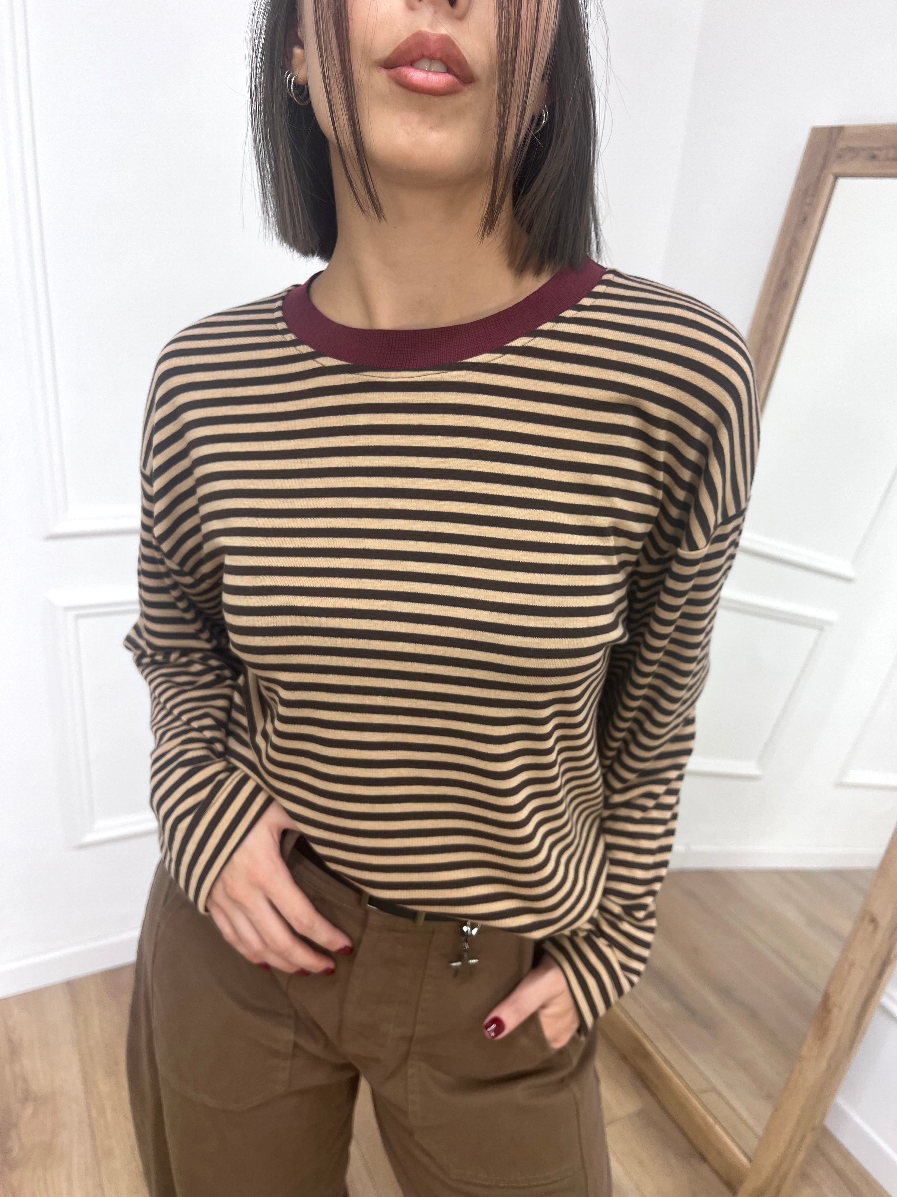 MAGLIA SCATOLA RIGHE COLLO CONTRASTO MORO SUSY MIX