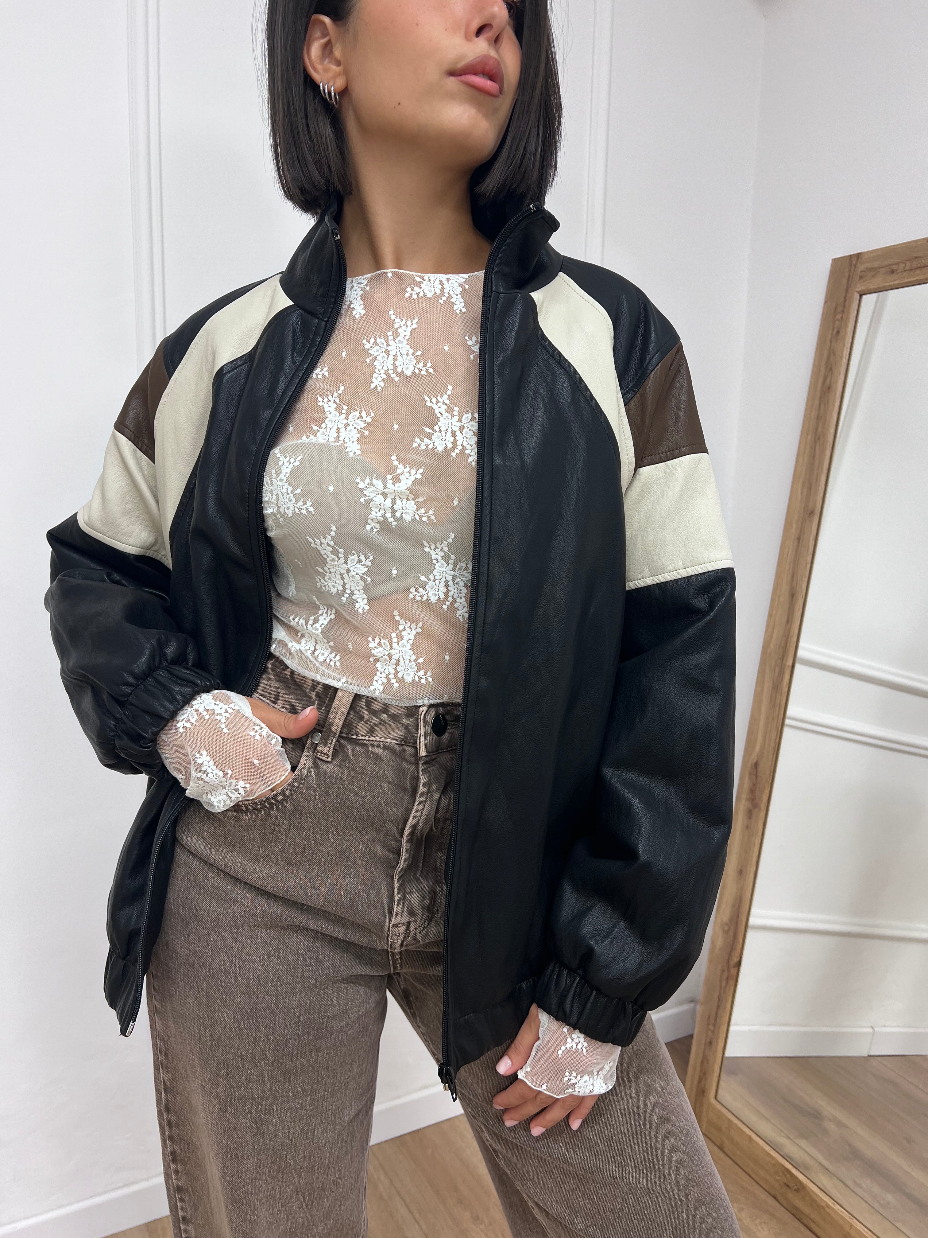 BOMBER LUNGO INSERTI TRE COLORI ADELE NERO SISY MIX