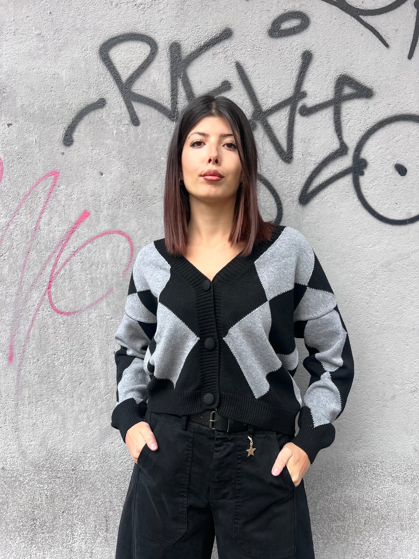 SUSY MIX CARDIGAN SCOLLO V ROMBI ANGY GRIGIO