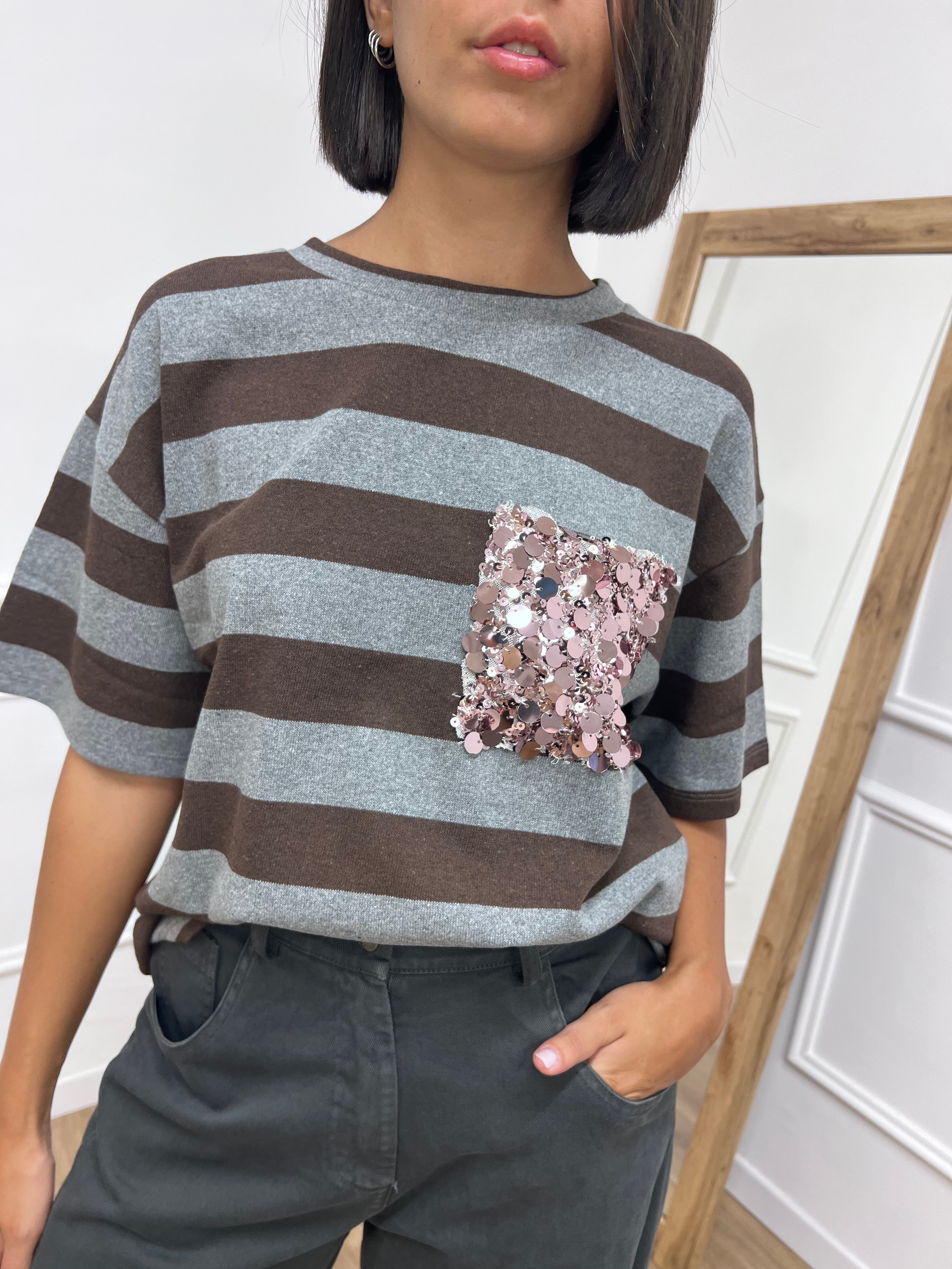 MAGLIA GIRO RIGHE TASCA PAILLETTES GRIGIO ELE SUSY MIX