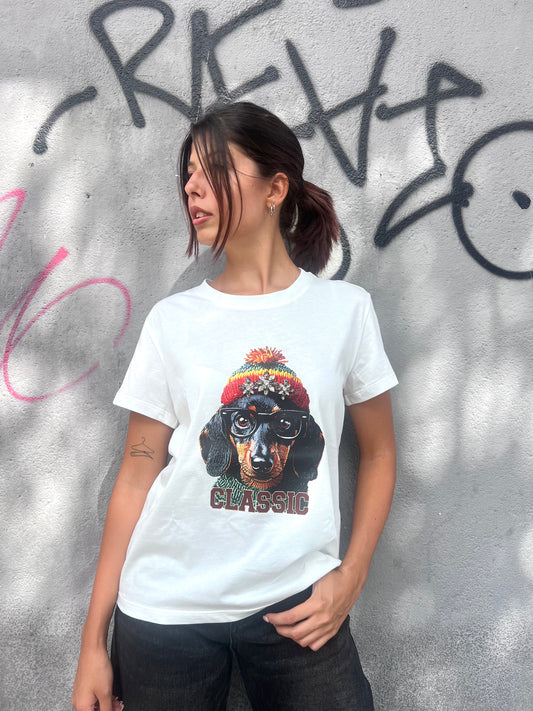 SUSY MIX T-SHIRT M/M STAMPA BASSOTTO STRASS BIANCO