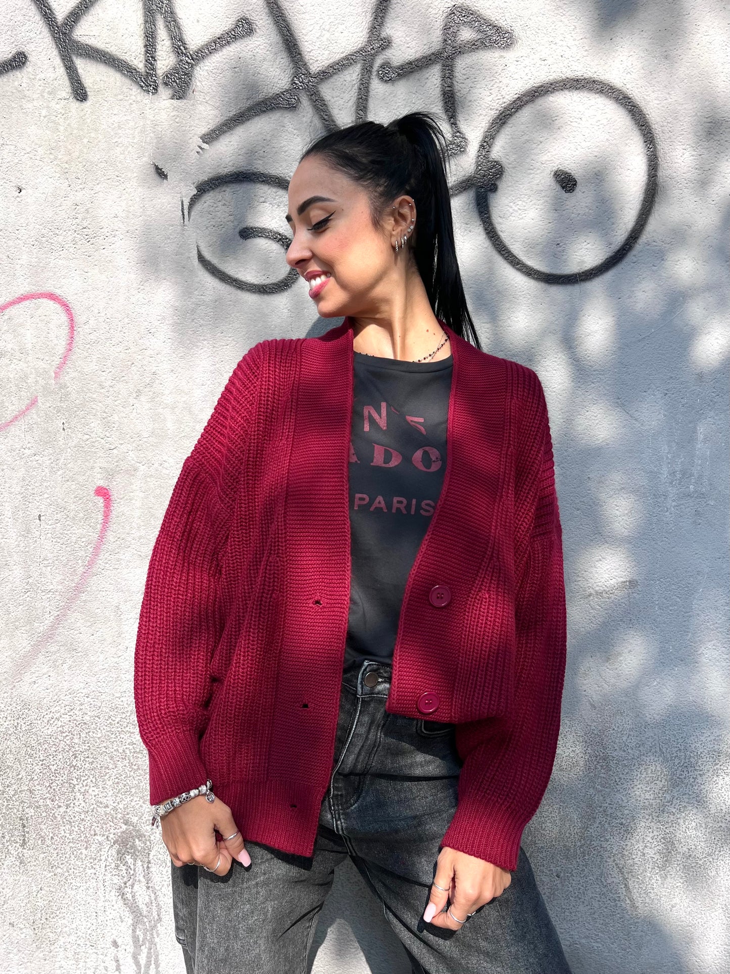 SUSY MIX CARDIGAN SCOLLO V BOTTONI YARI BURGUNDY