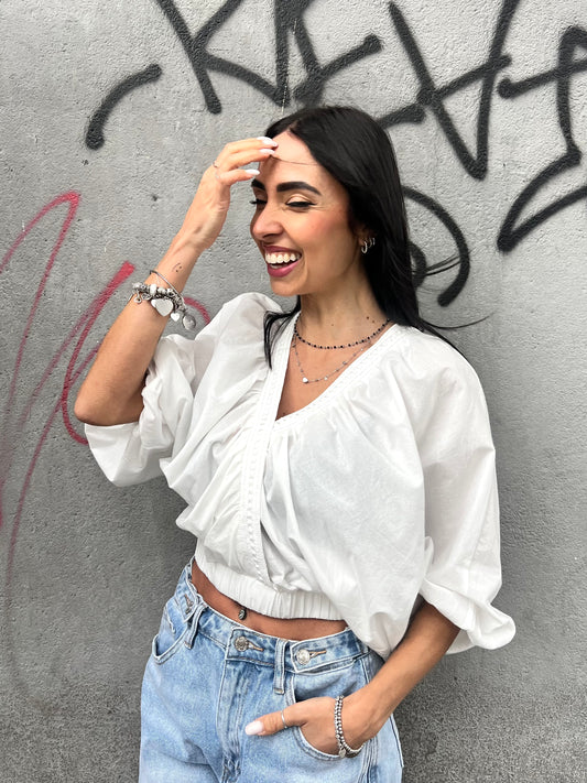 BLUSA CROP INCROCIO PASSAMANERIA NORA BIANCO