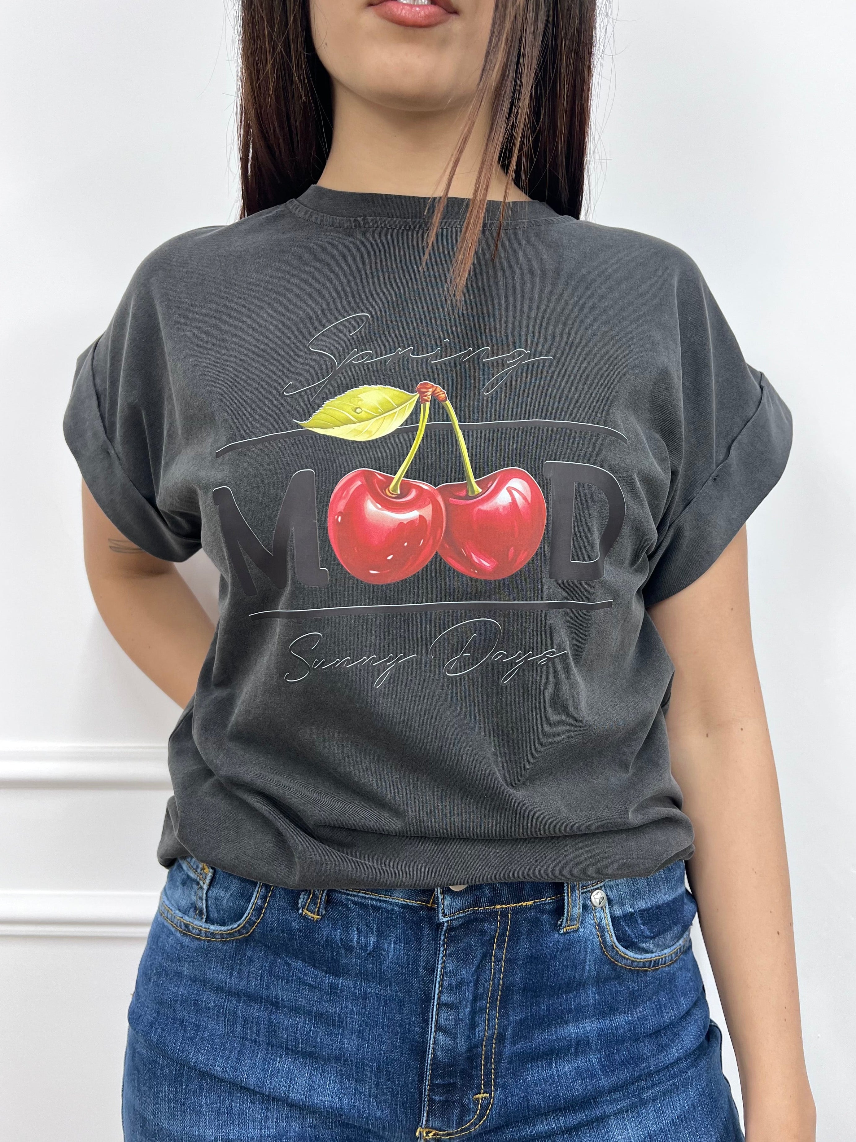 T-SHIRT WASHED STAMPA CHERRY GRAFITE SUSY MIX