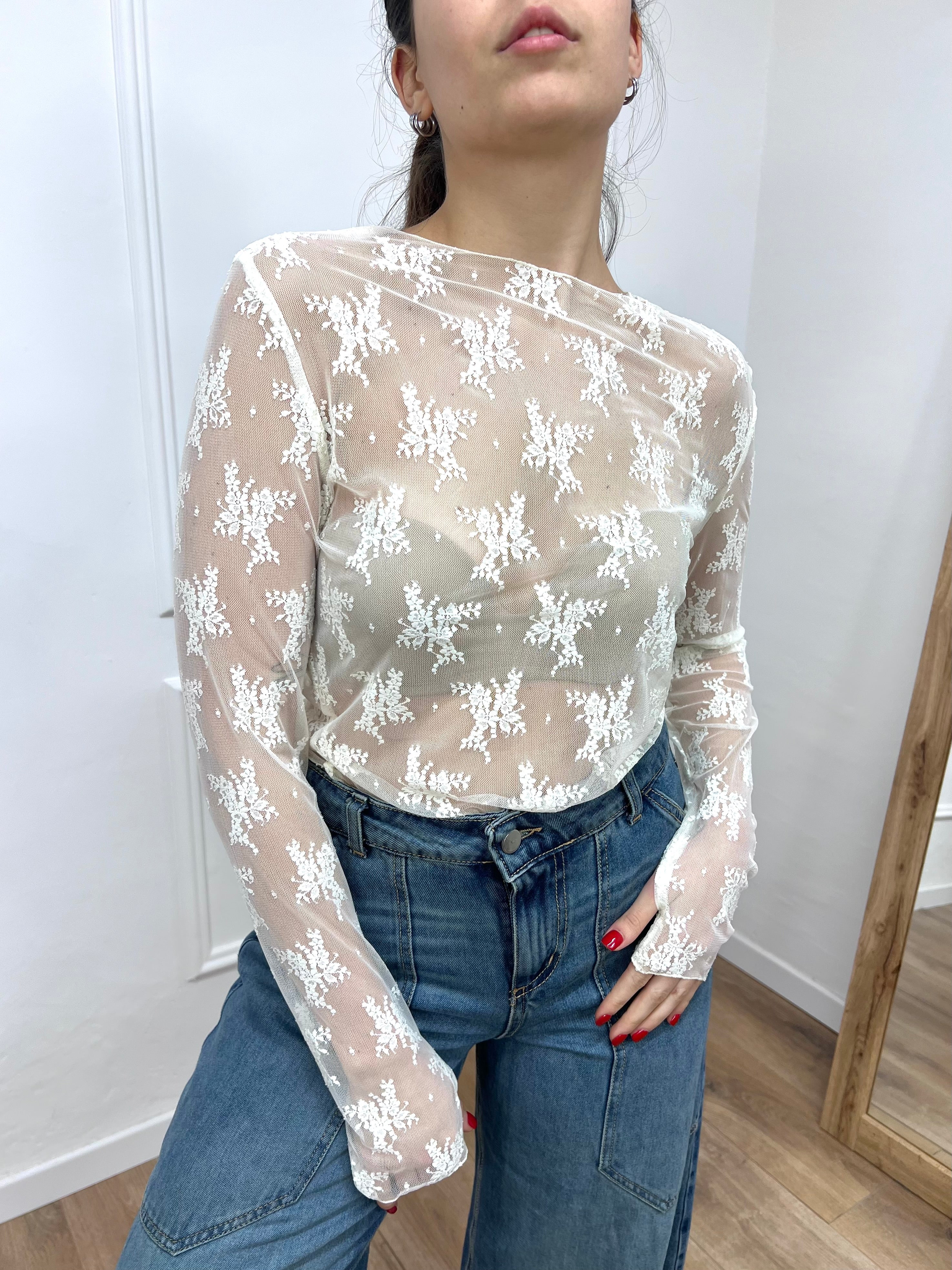 MAGLIA PIZZO MANICOTTI ROBERTA LATTE SUSY MIX