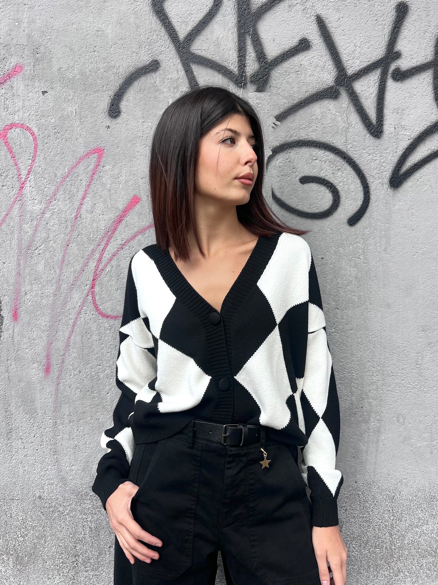 SUSY MIX CARDIGAN SCOLLO V ROMBI ANGY BIANCO