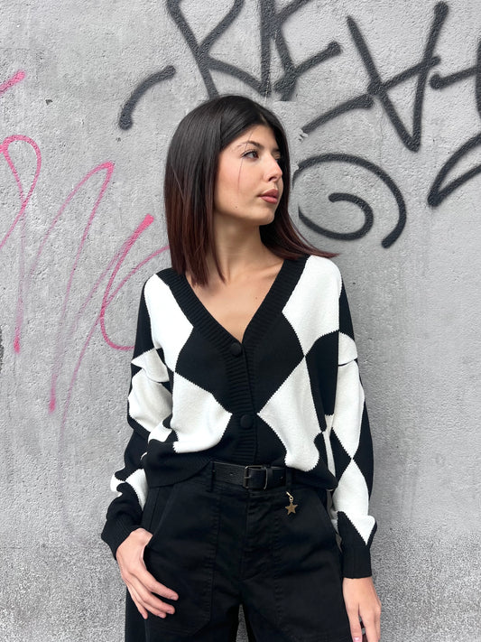 SUSY MIX CARDIGAN SCOLLO V ROMBI ANGY BIANCO