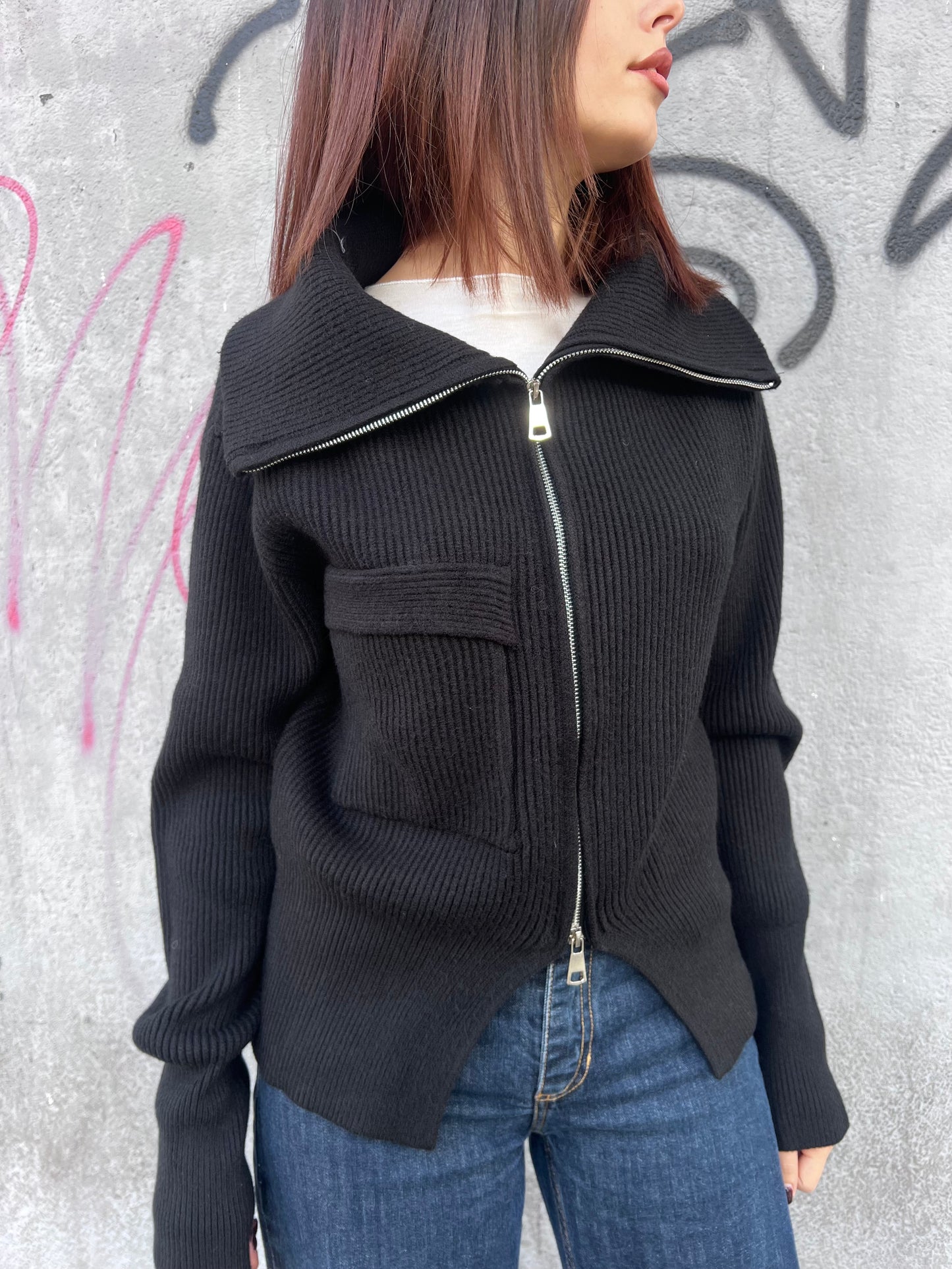 SUSY MIX CARDIGAN CERNIERA COLLO CRATERE IVANA NERO
