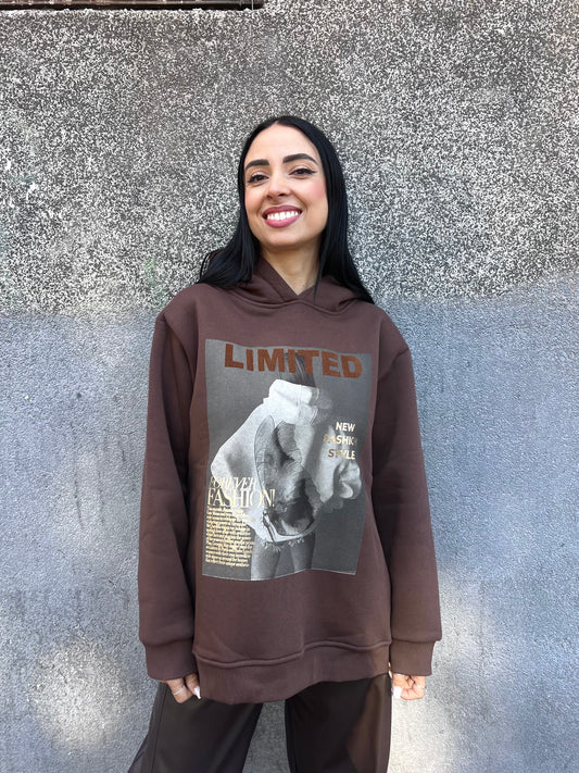 SUSY MIX FELPA OVER CAPPUCCIO STAMPA “LIMITED” CIOCCOLATO