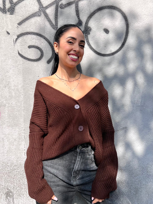 SUSY MIX CARDIGAN SCOLLO V BOTTONI YARI CIOCCOLATO