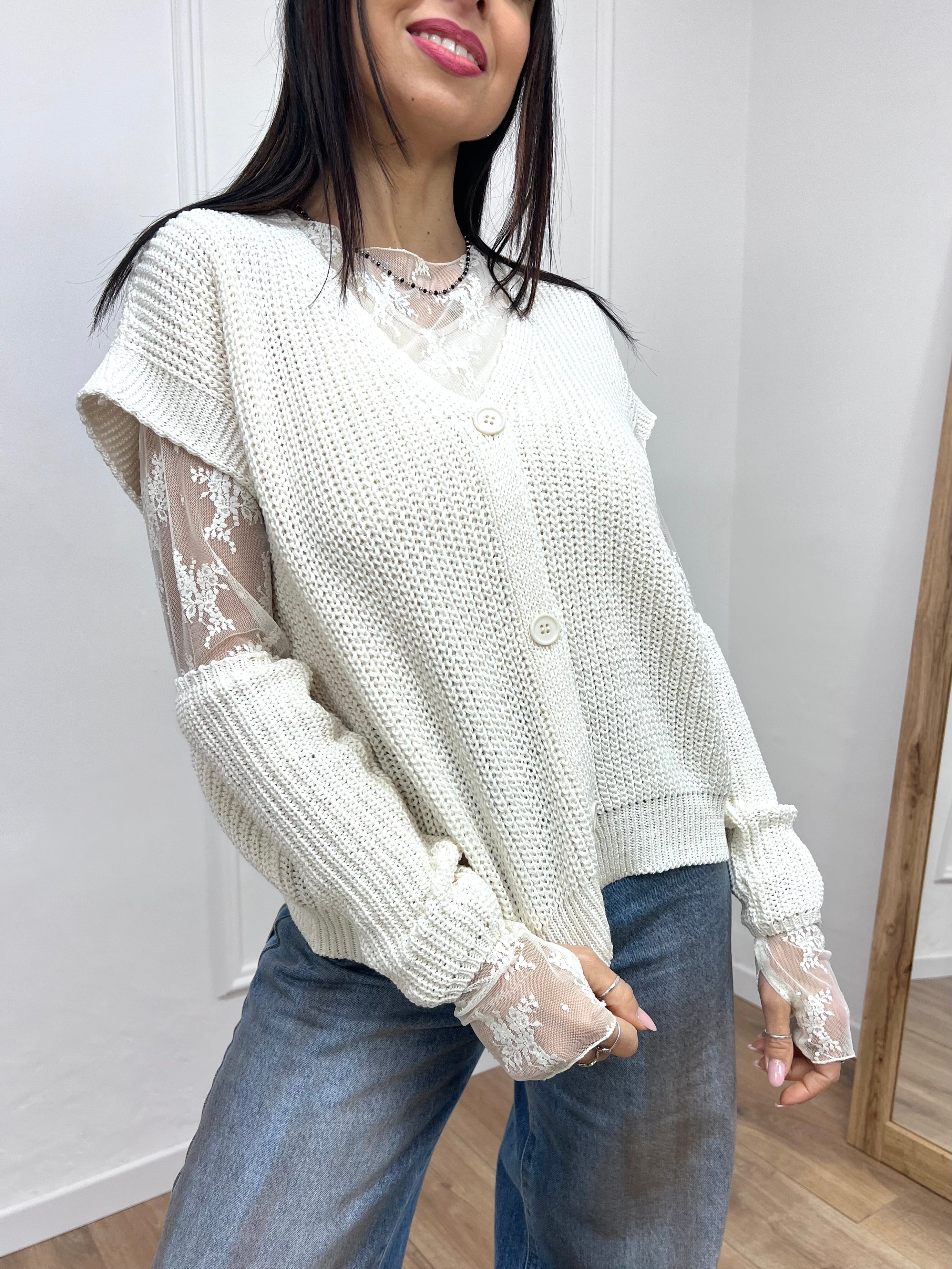 GILET FILO BOTTONI MANICOTTI ADELE LATTE SUSY MIX